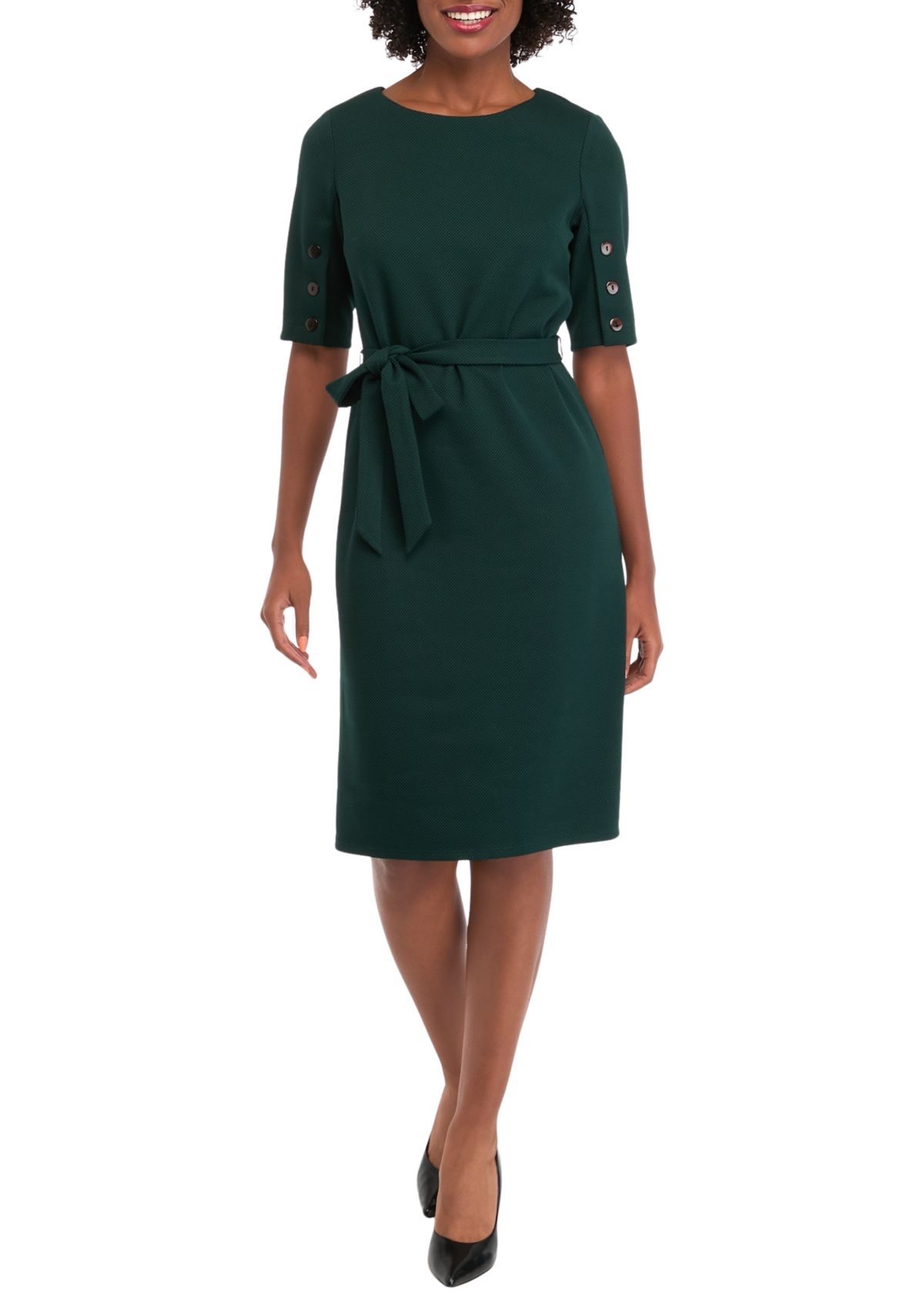 Womens Button Crew Solid Belted Fit and Flare Dress