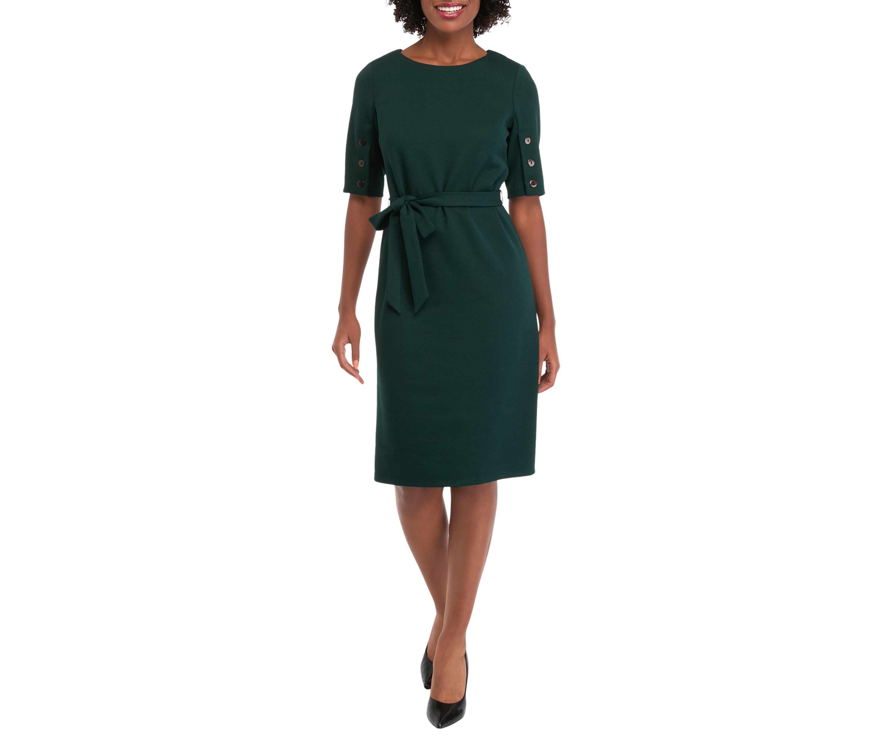 Womens Button Crew Solid Belted Fit and Flare Dress