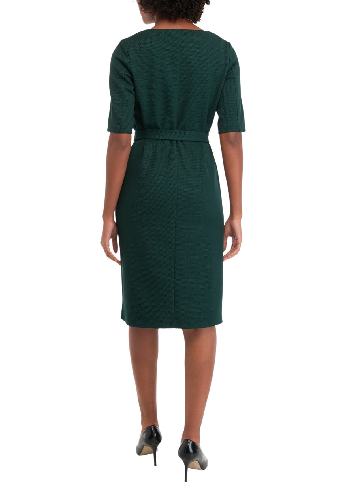 Womens Button Crew Solid Belted Fit and Flare Dress