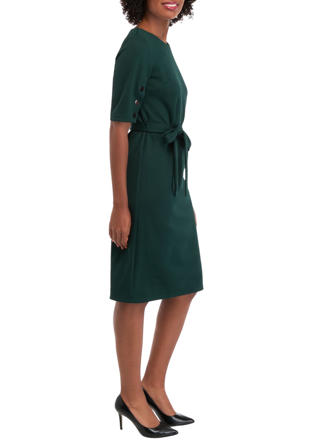 Womens Button Crew Solid Belted Fit and Flare Dress