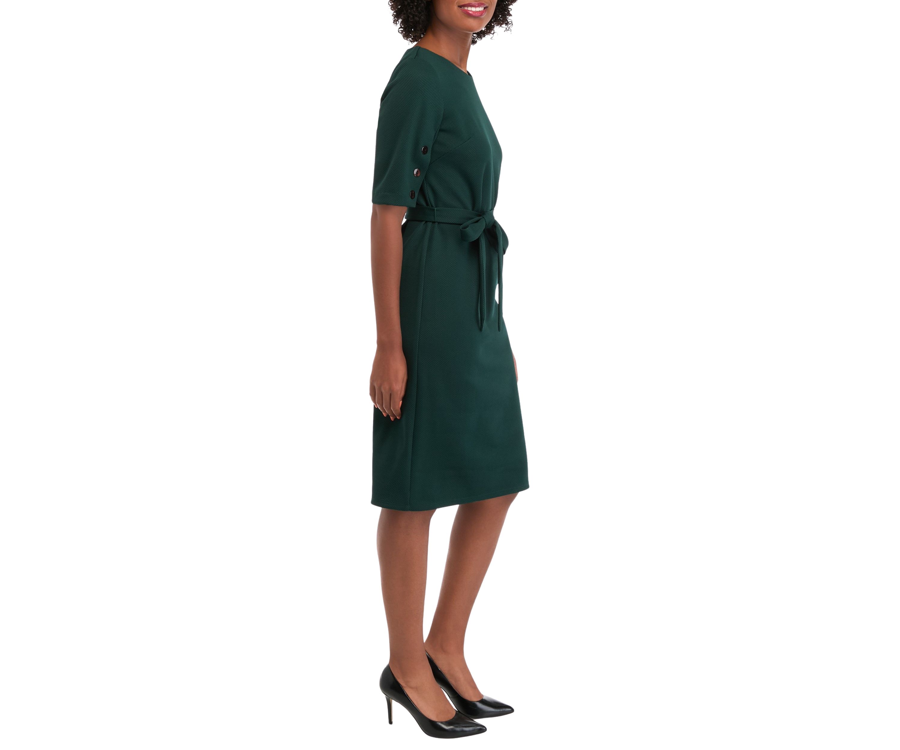 Womens Button Crew Solid Belted Fit and Flare Dress
