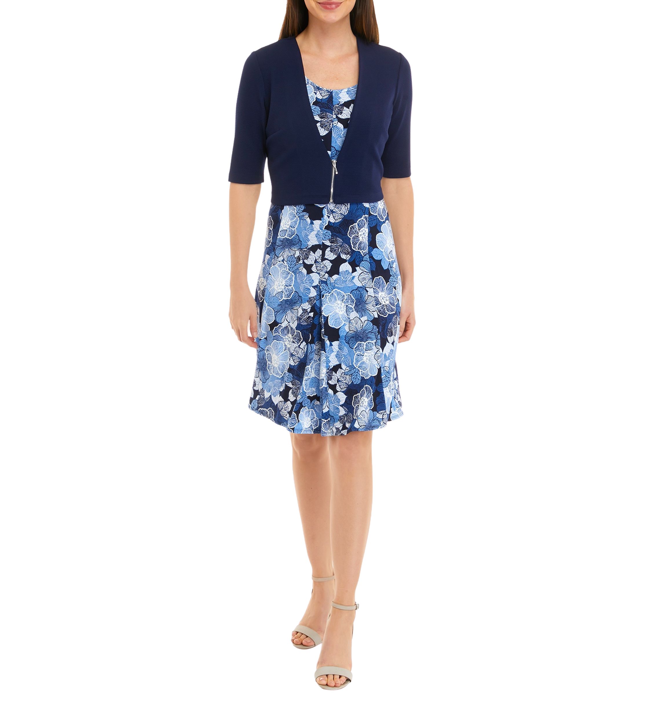 Womens Elbow Sleeve Floral Printed Zip Front Jacket Dress