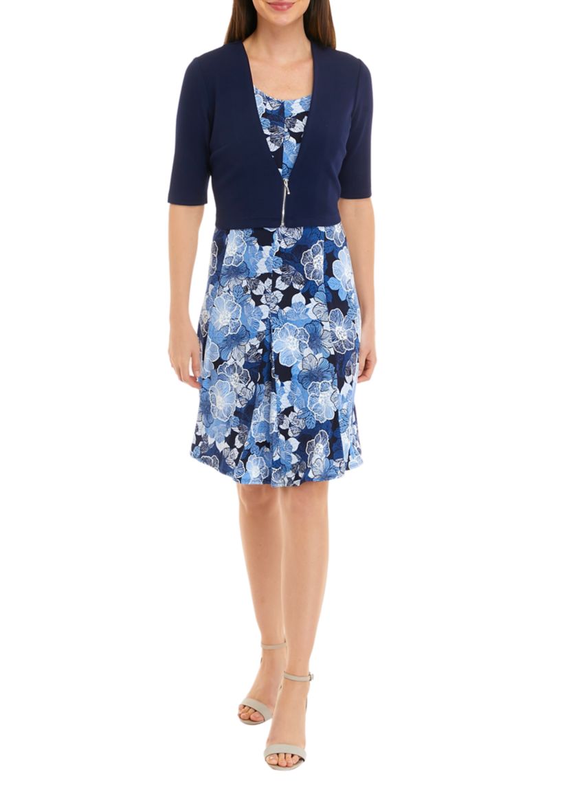 Womens Elbow Sleeve Floral Printed Zip Front Jacket Dress