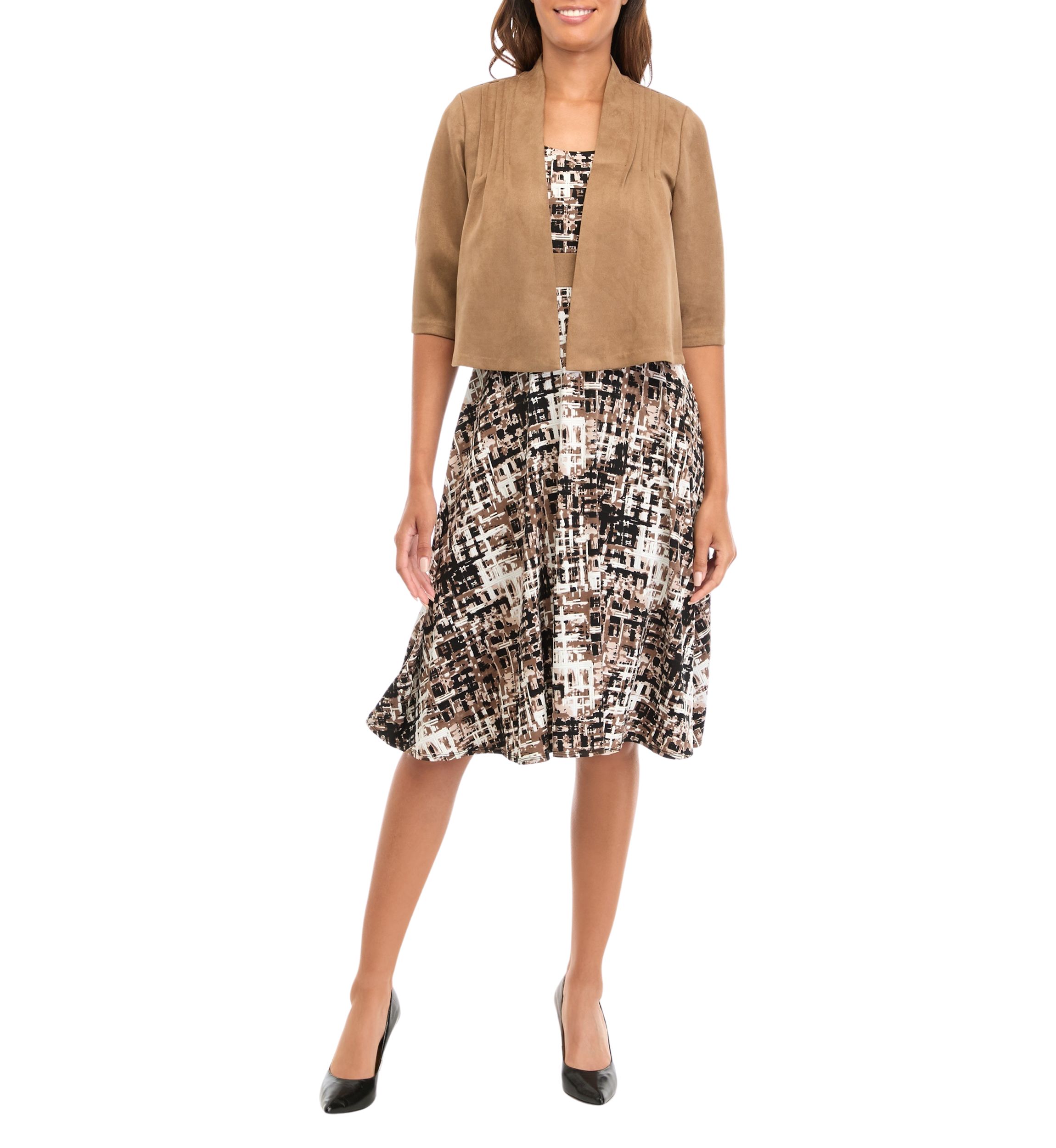 Womens Abstract Print Dress with Suede Jacket