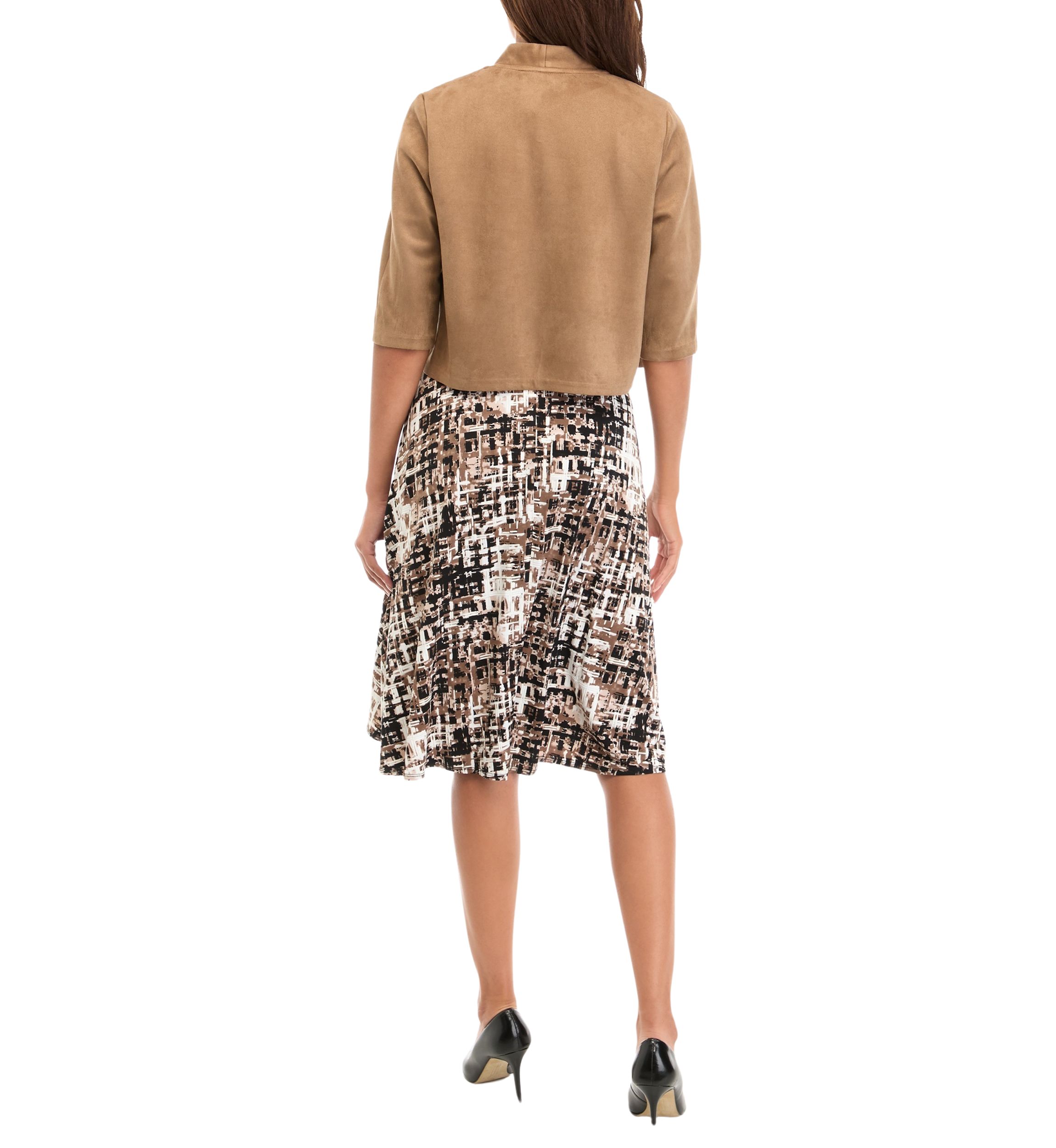 Womens Abstract Print Dress with Suede Jacket