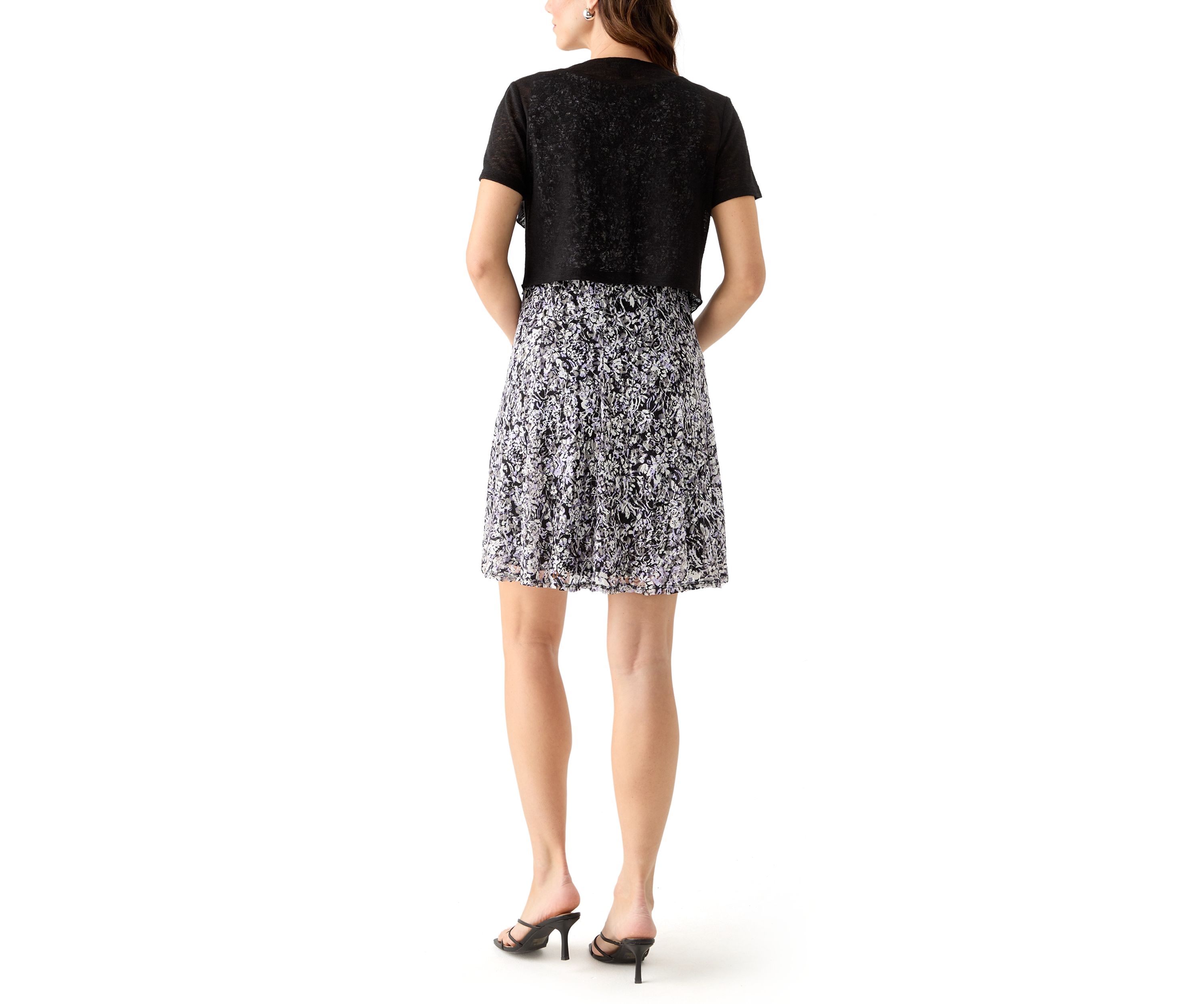 Womens Short Sleeve Crew Neck Ditsy Floral Print Jacket Dress