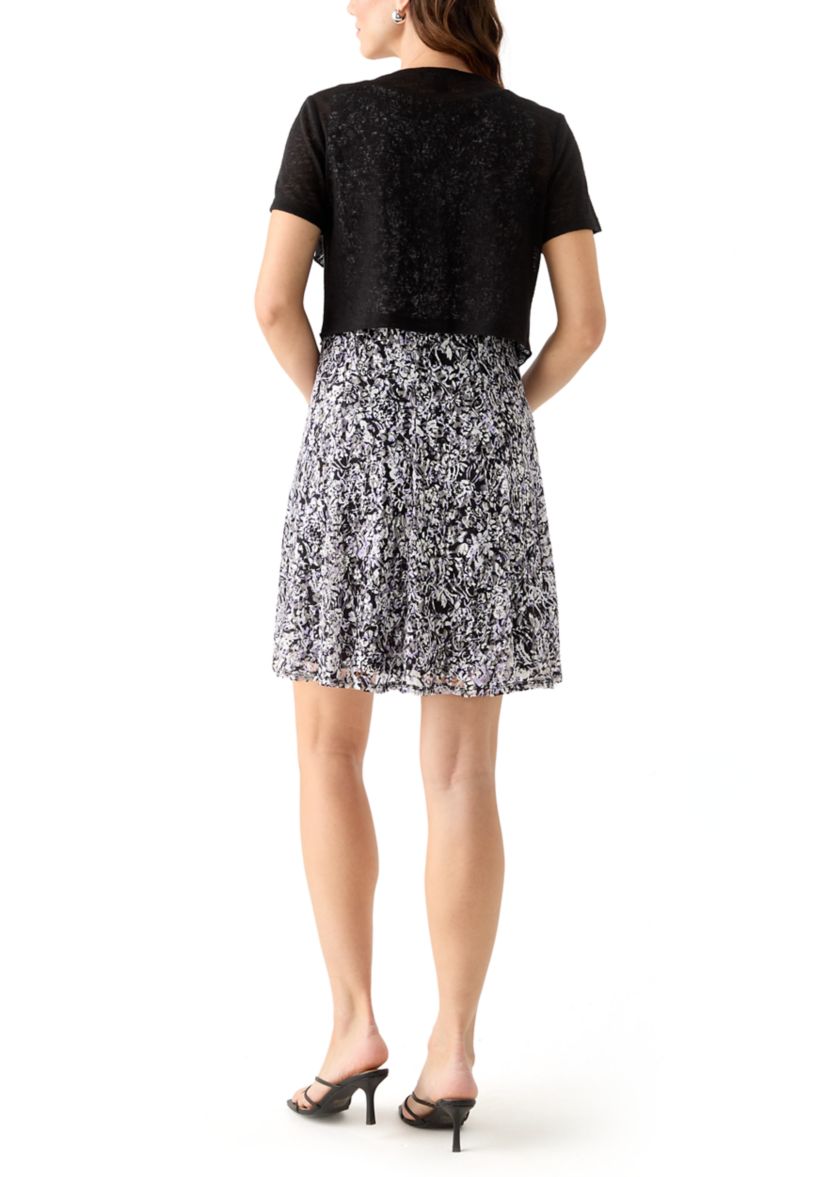 Womens Short Sleeve Crew Neck Ditsy Floral Print Jacket Dress