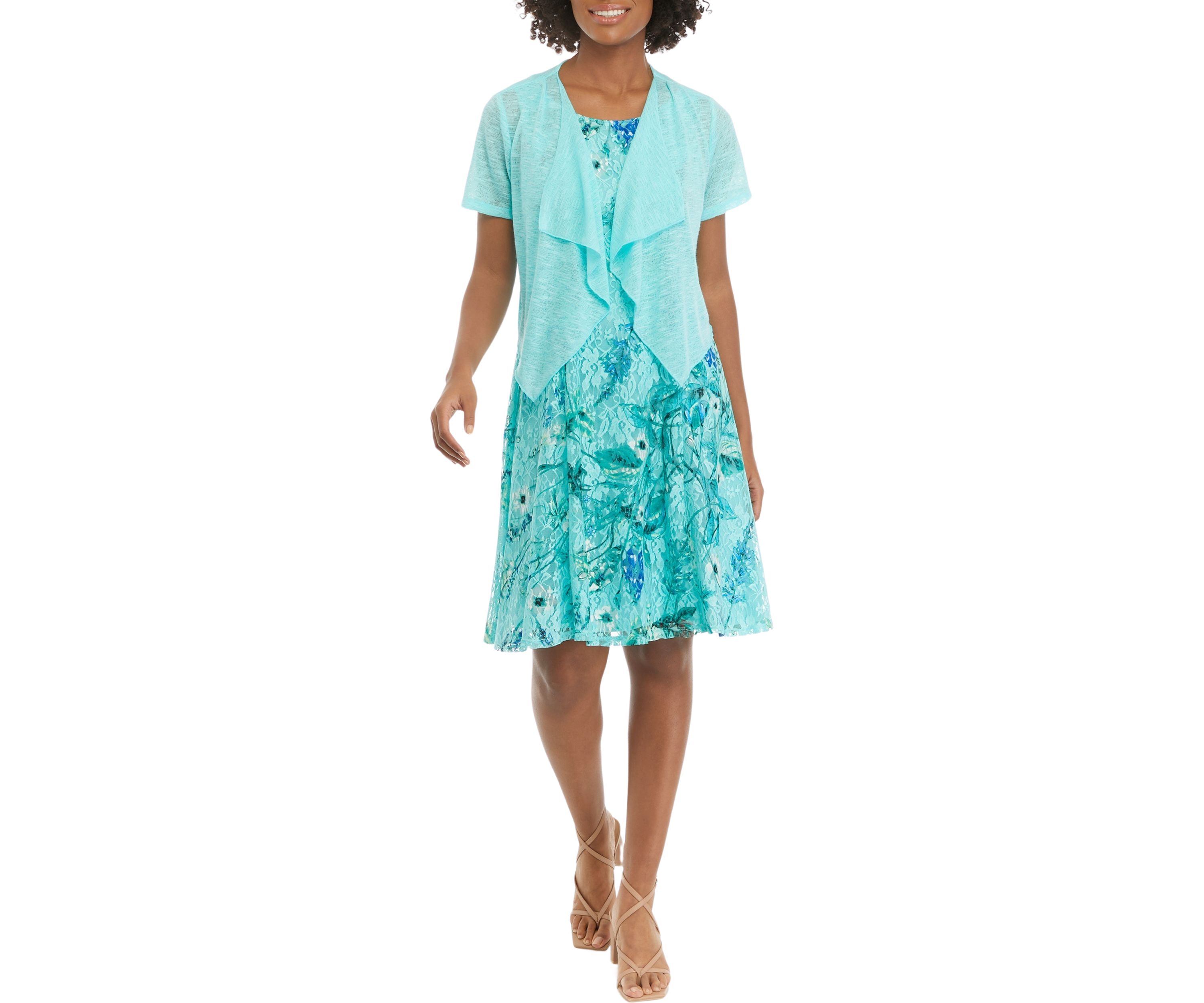 Womens Short Sleeve Floral Lace Printed Fit and Flare Jacket Dress