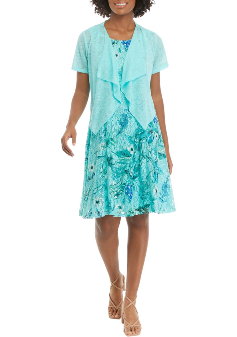 Womens Short Sleeve Floral Lace Printed Fit and Flare Jacket Dress