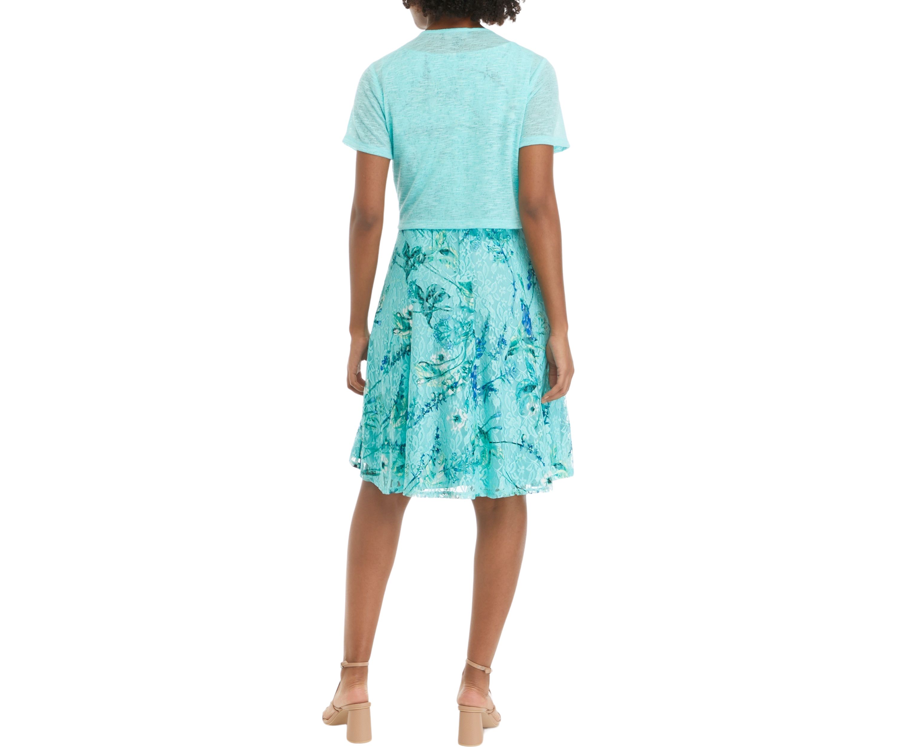 Womens Short Sleeve Floral Lace Printed Fit and Flare Jacket Dress