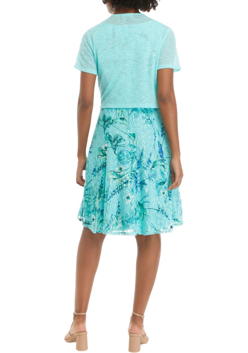 Womens Short Sleeve Floral Lace Printed Fit and Flare Jacket Dress