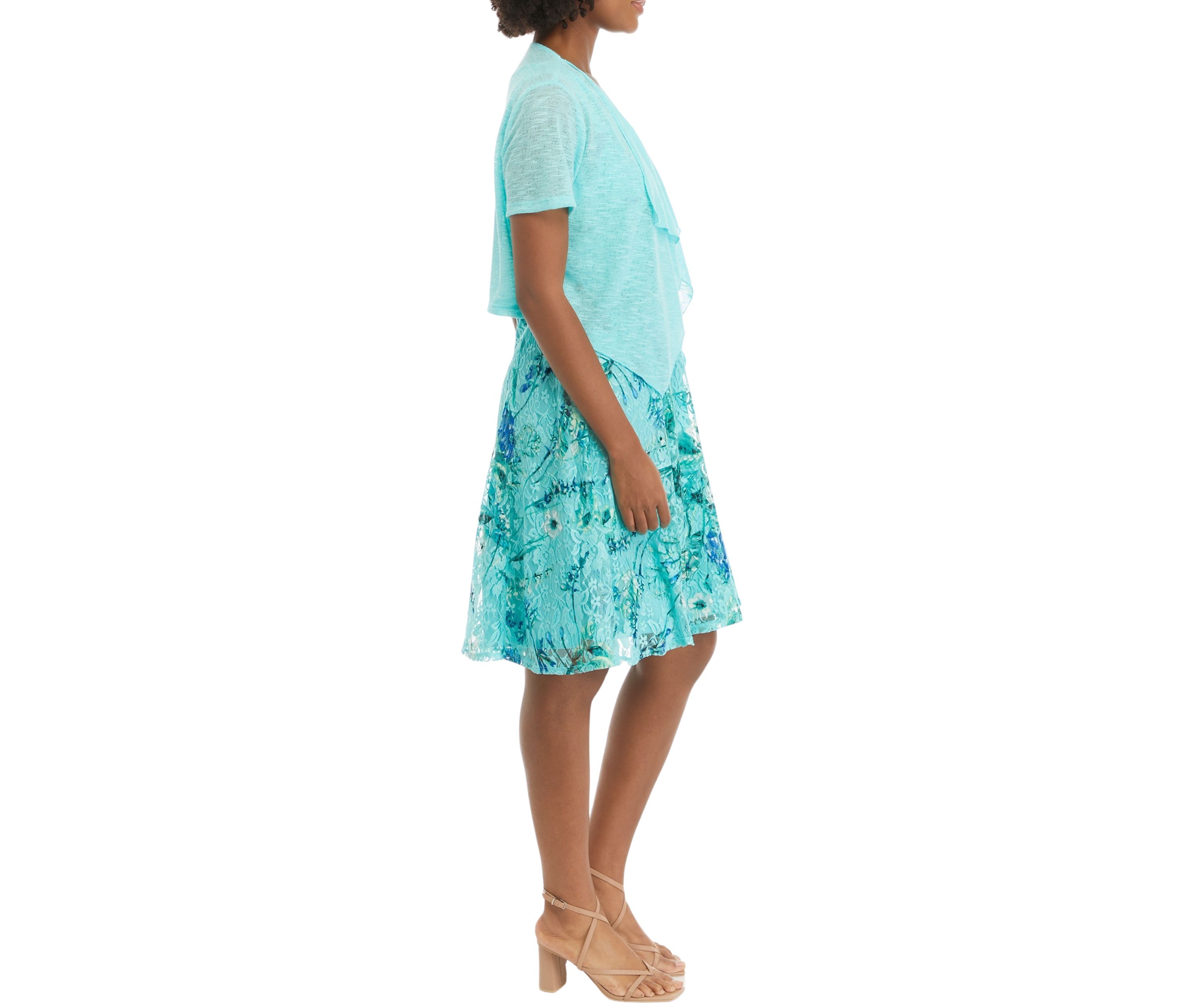 Womens Short Sleeve Floral Lace Printed Fit and Flare Jacket Dress