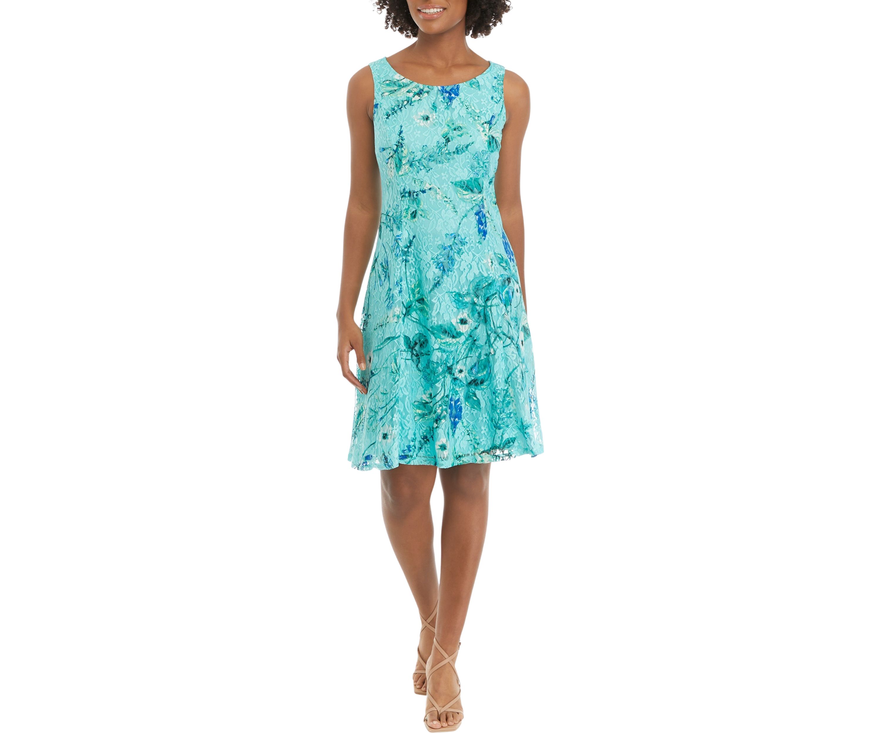 Womens Short Sleeve Floral Lace Printed Fit and Flare Jacket Dress
