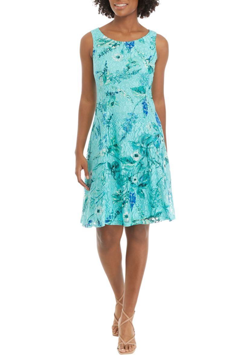 Womens Short Sleeve Floral Lace Printed Fit and Flare Jacket Dress