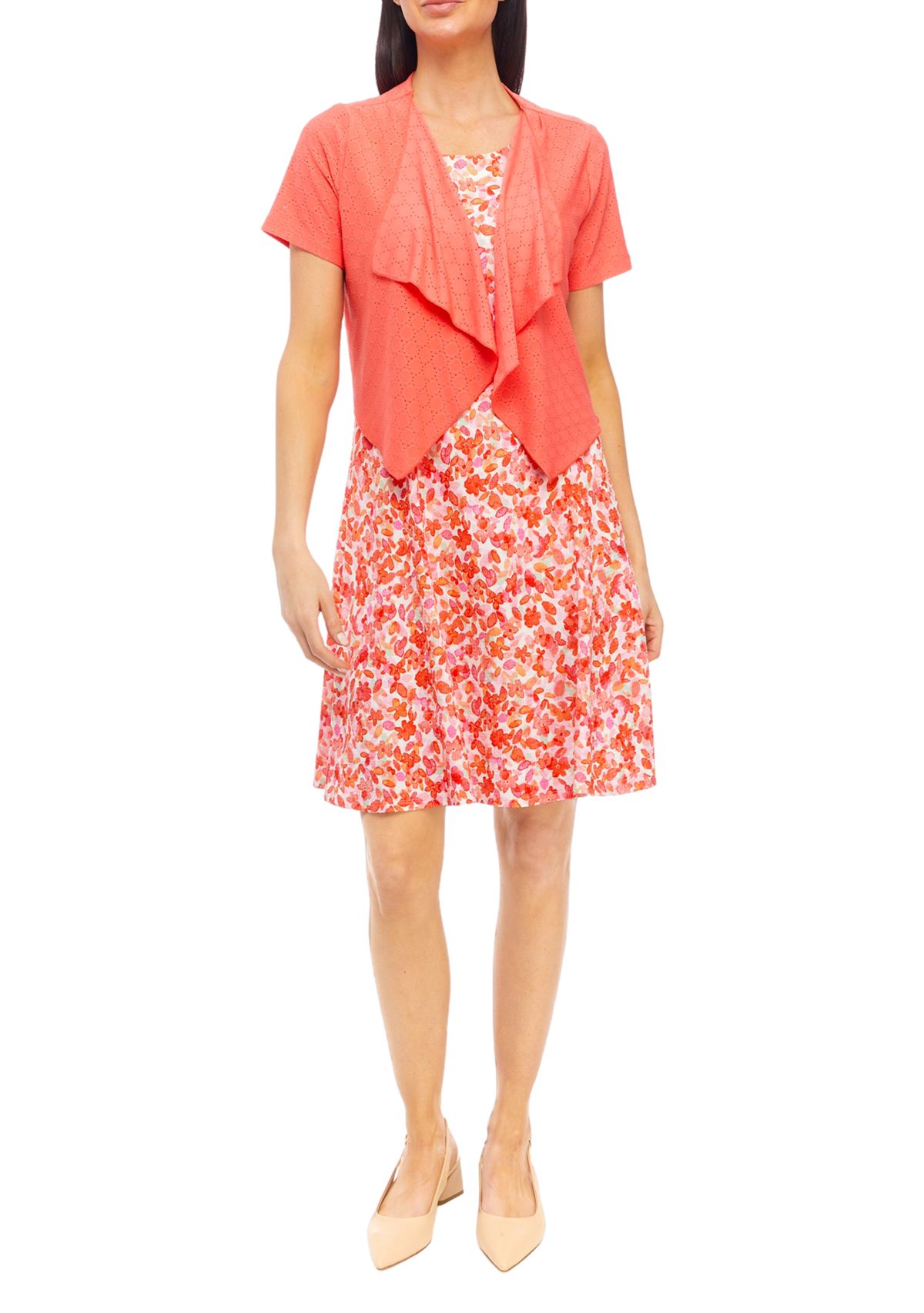 Womens Short Sleeve Crew Neck Floral Print A-Line Jacket Dress