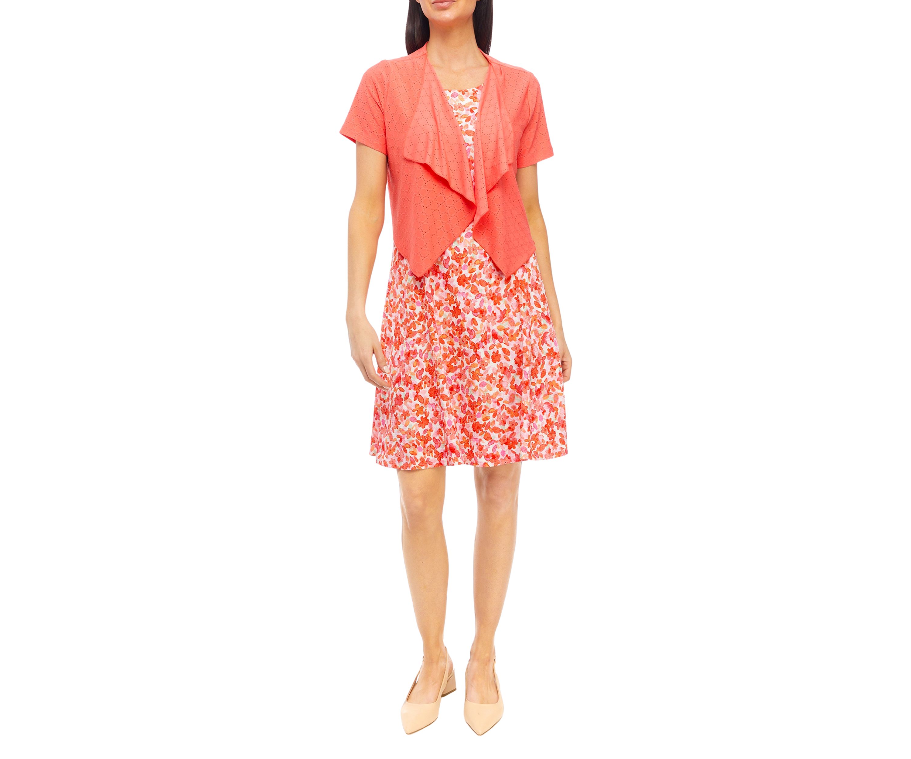 Womens Short Sleeve Crew Neck Floral Print A-Line Jacket Dress