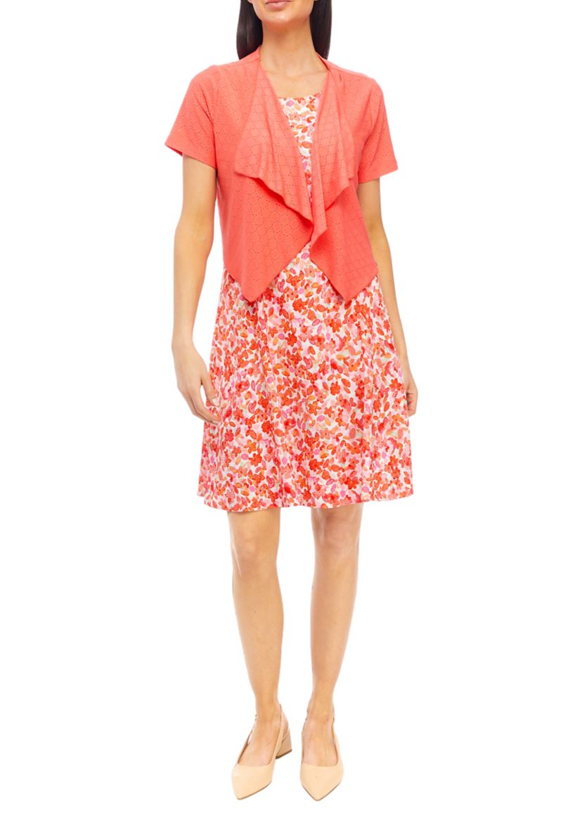 Womens Short Sleeve Crew Neck Floral Print A-Line Jacket Dress