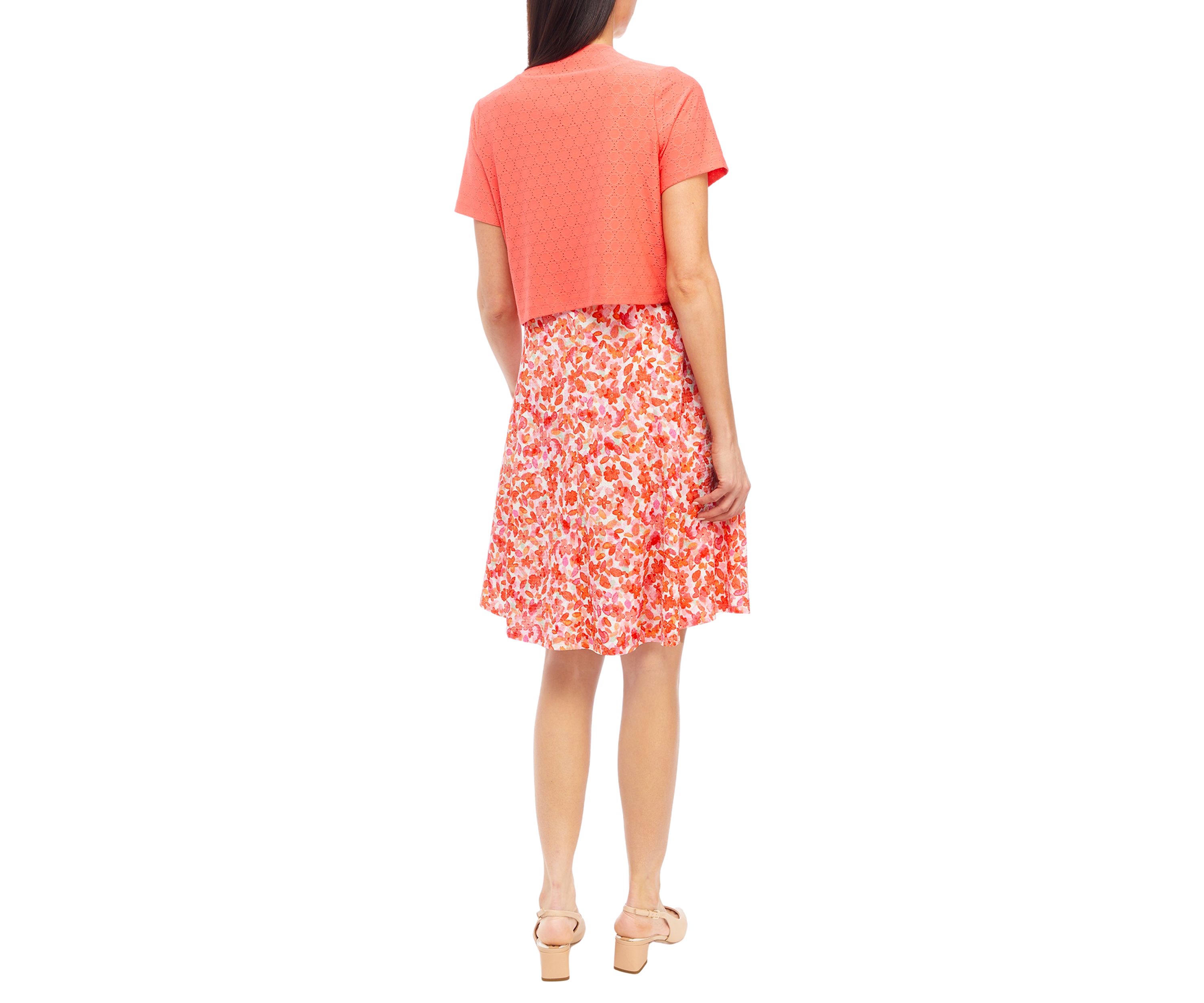 Womens Short Sleeve Crew Neck Floral Print A-Line Jacket Dress
