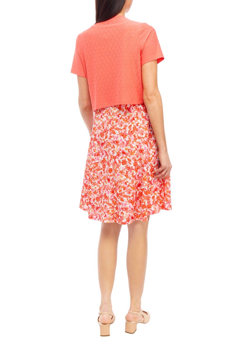 Womens Short Sleeve Crew Neck Floral Print A-Line Jacket Dress
