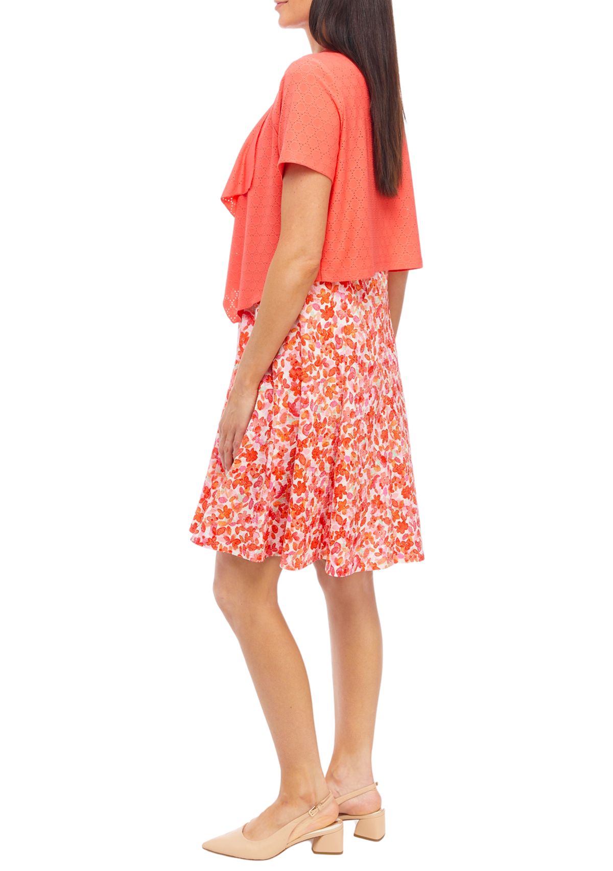 Womens Short Sleeve Crew Neck Floral Print A-Line Jacket Dress