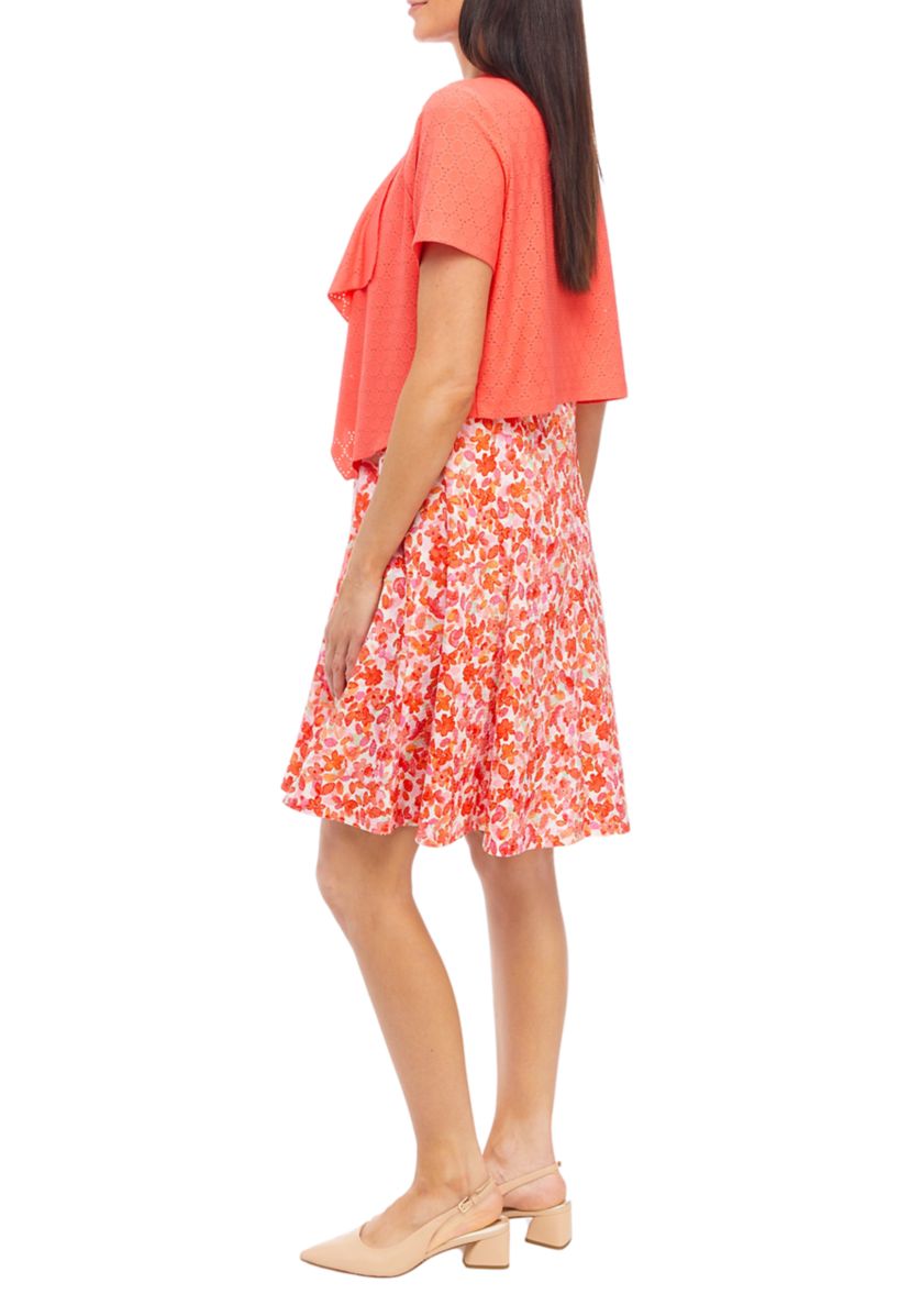 Womens Short Sleeve Crew Neck Floral Print A-Line Jacket Dress