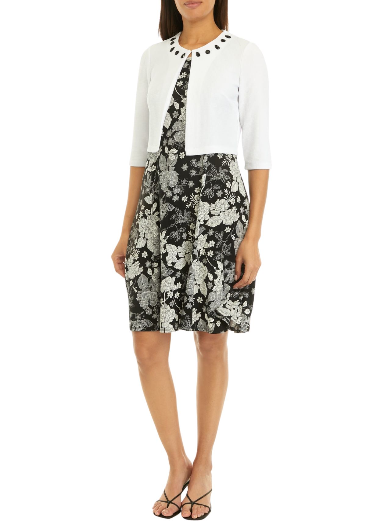 Womens 3/4 Sleeve Crew Neck Solid Jacket with Printed A-Line Dress