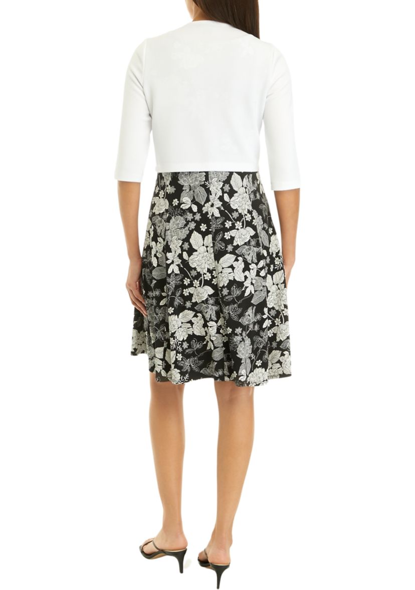 Womens 3/4 Sleeve Crew Neck Solid Jacket with Printed A-Line Dress