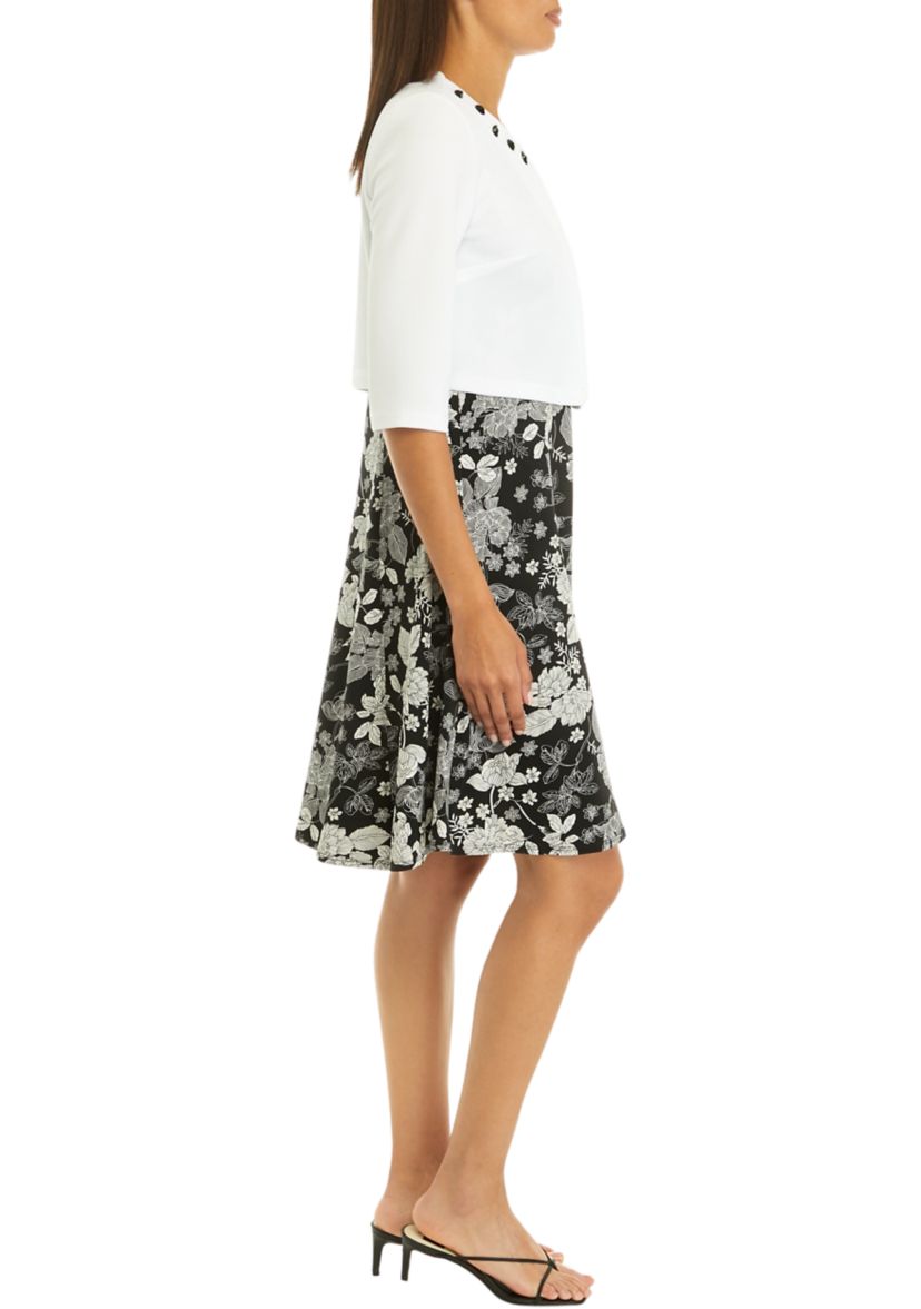 Womens 3/4 Sleeve Crew Neck Solid Jacket with Printed A-Line Dress