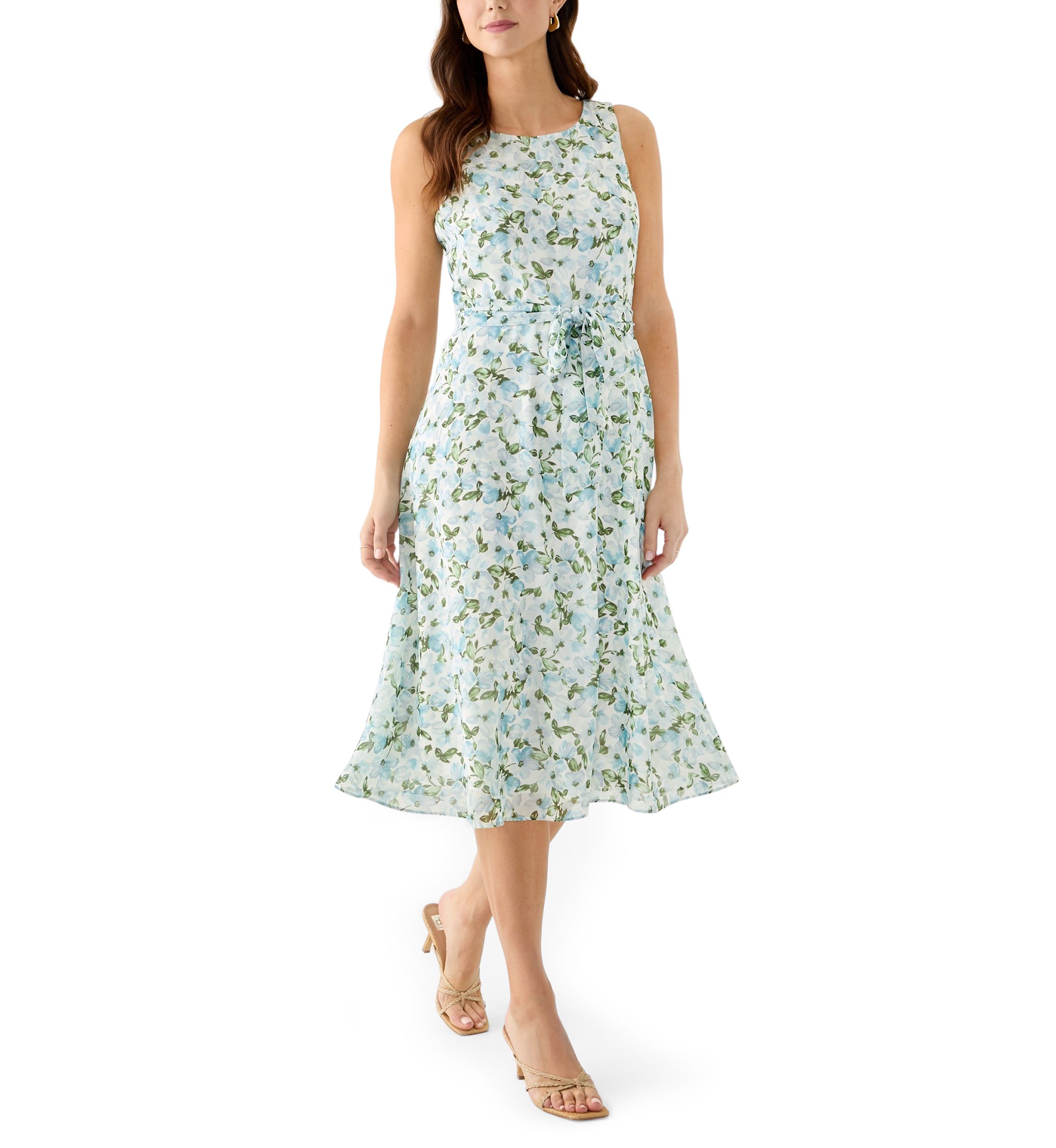 Womens Sleeveless Crew Neck Ditsy Floral A-Line Dress