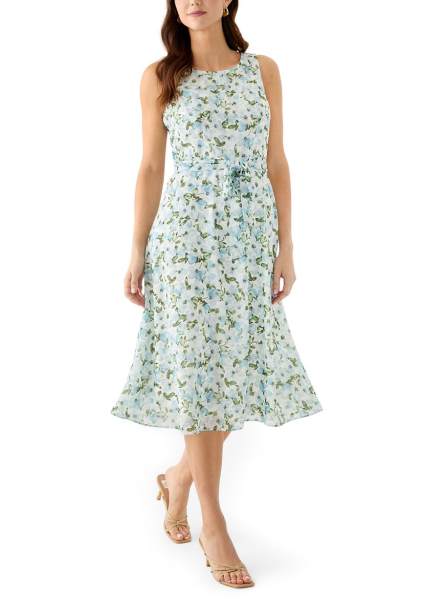 Womens Sleeveless Crew Neck Ditsy Floral A-Line Dress