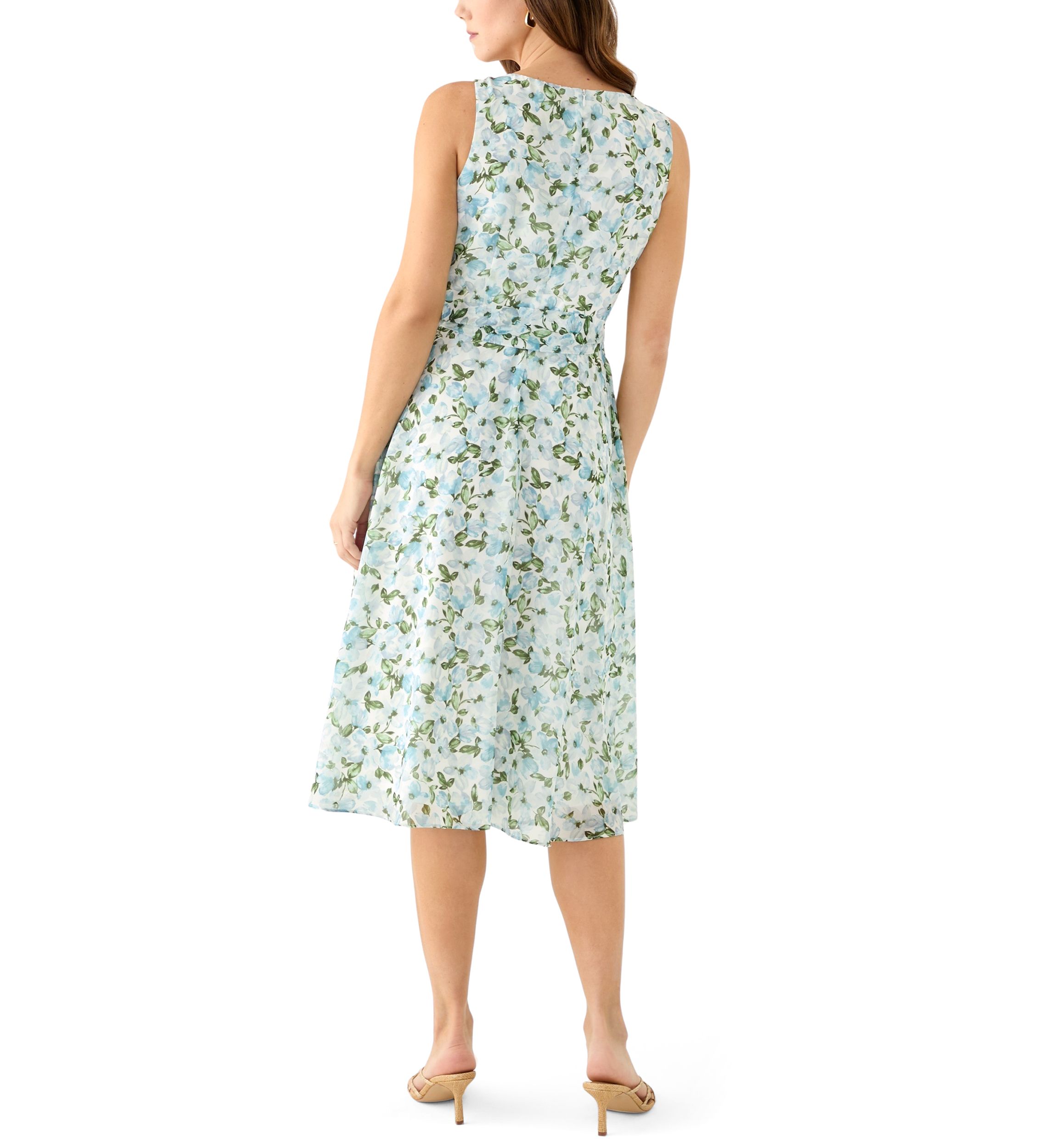 Womens Sleeveless Crew Neck Ditsy Floral A-Line Dress