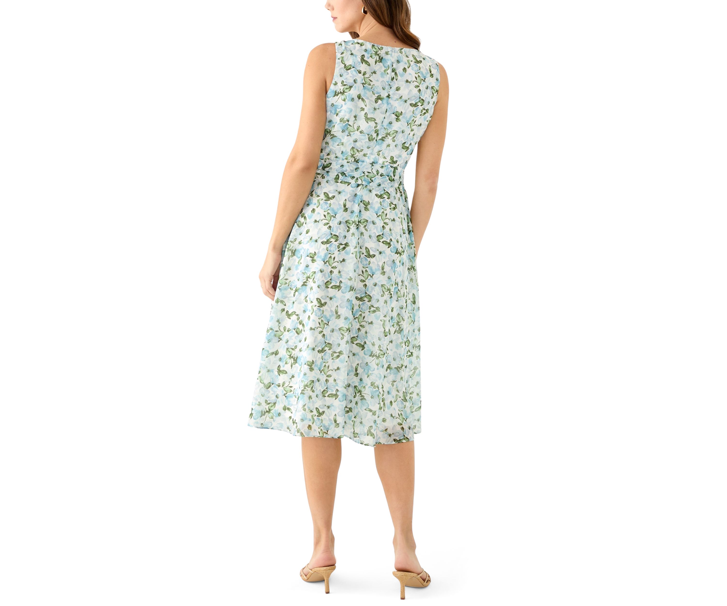 Womens Sleeveless Crew Neck Ditsy Floral A-Line Dress