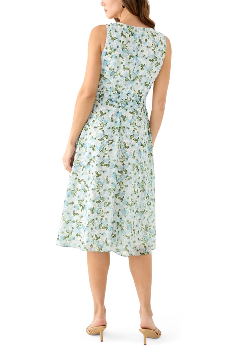 Womens Sleeveless Crew Neck Ditsy Floral A-Line Dress