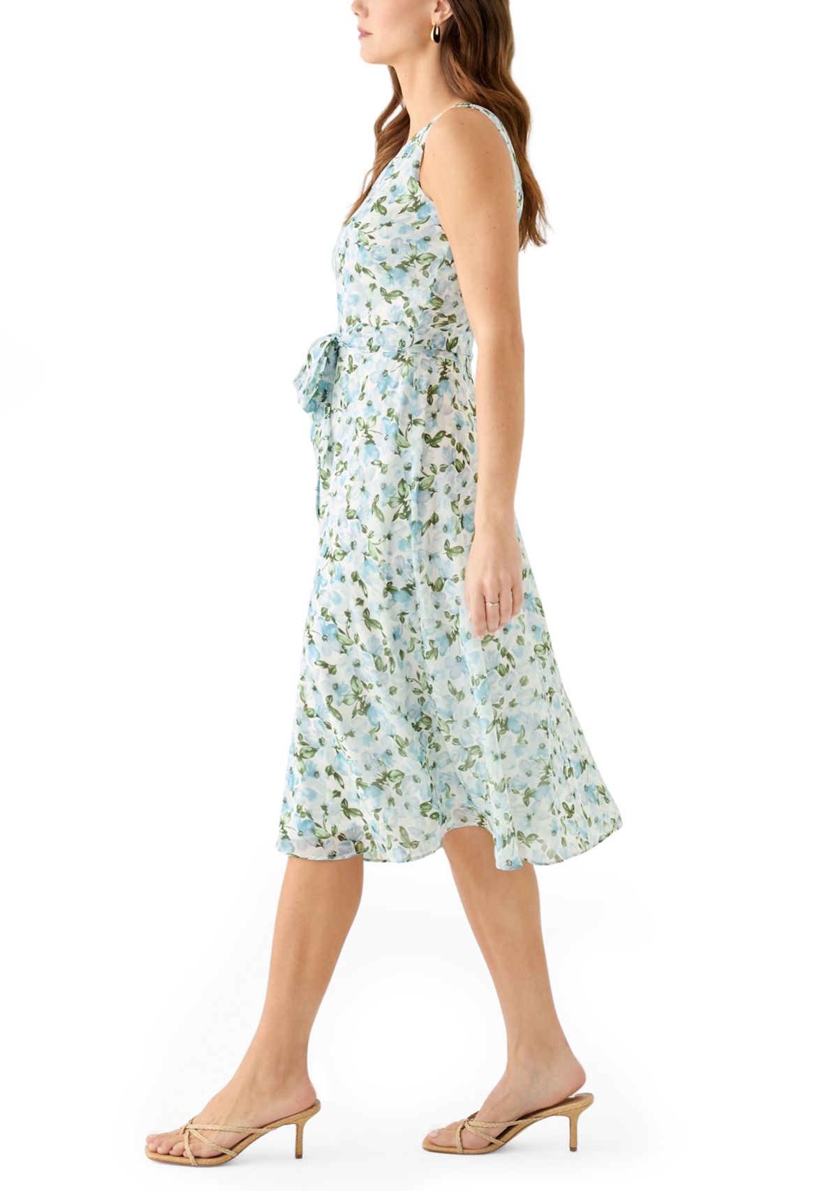 Womens Sleeveless Crew Neck Ditsy Floral A-Line Dress