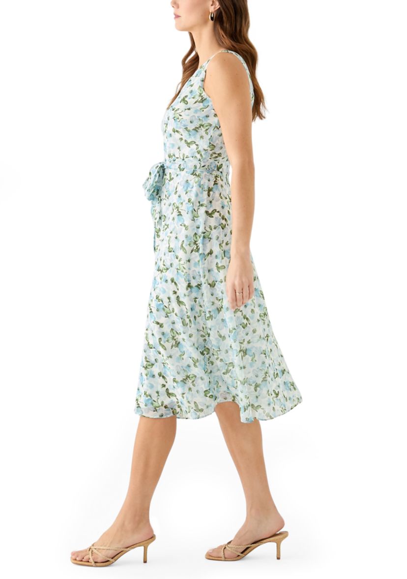 Womens Sleeveless Crew Neck Ditsy Floral A-Line Dress
