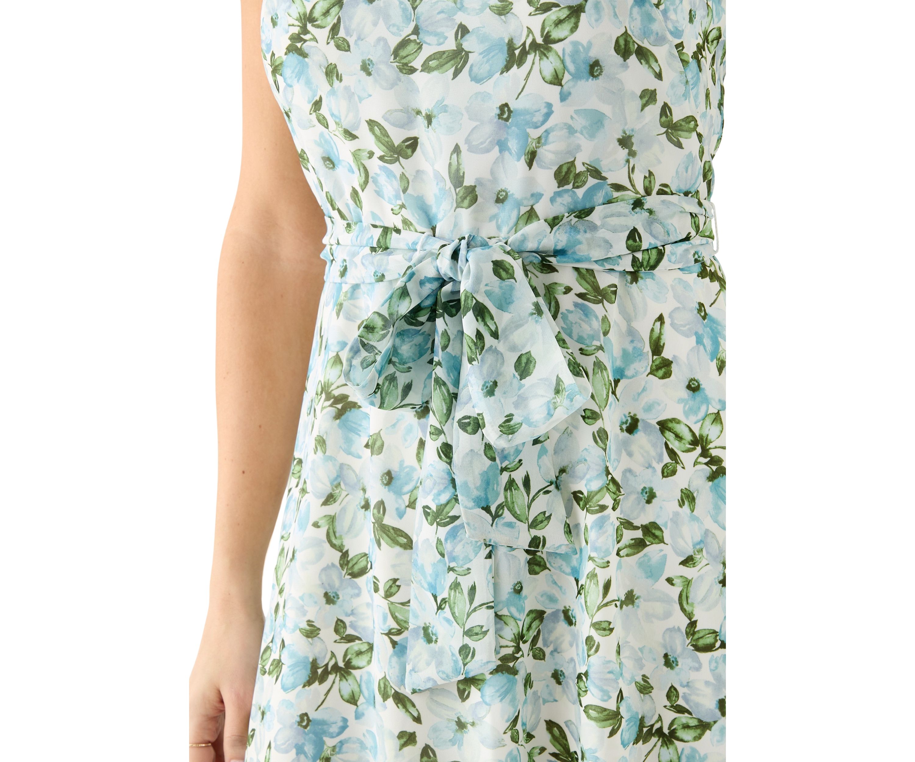 Womens Sleeveless Crew Neck Ditsy Floral A-Line Dress