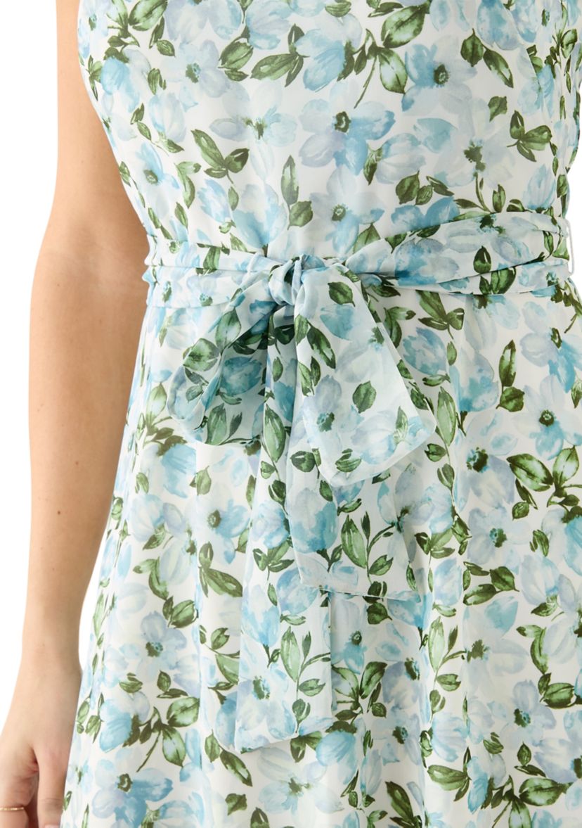 Womens Sleeveless Crew Neck Ditsy Floral A-Line Dress
