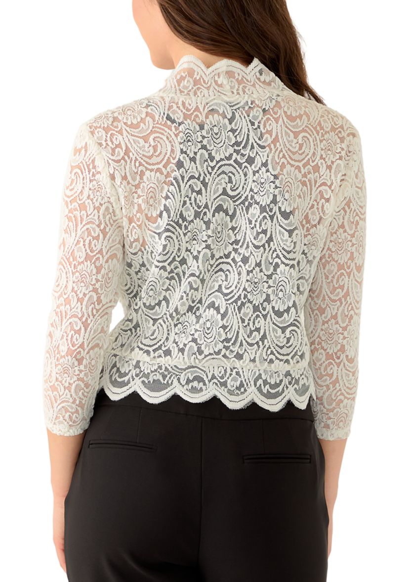 Perceptions Women's Long Sleeve Scalloped Edge Lace Shrug | Belk