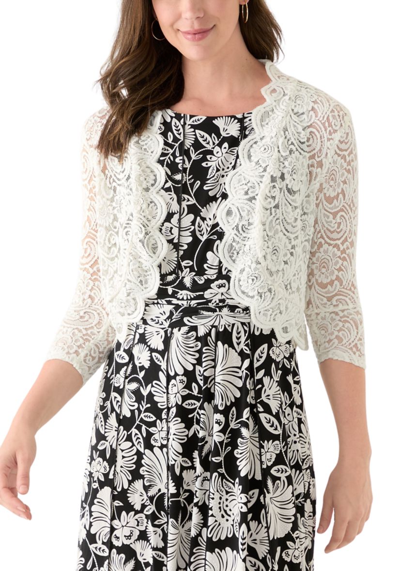 Womens 3/4 Sleeve Scalloped Edge Cardigan
