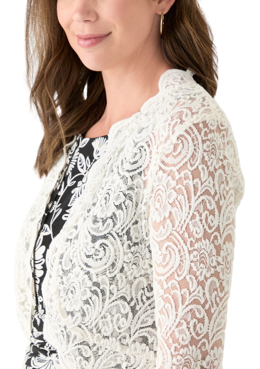 Womens 3/4 Sleeve Scalloped Edge Cardigan