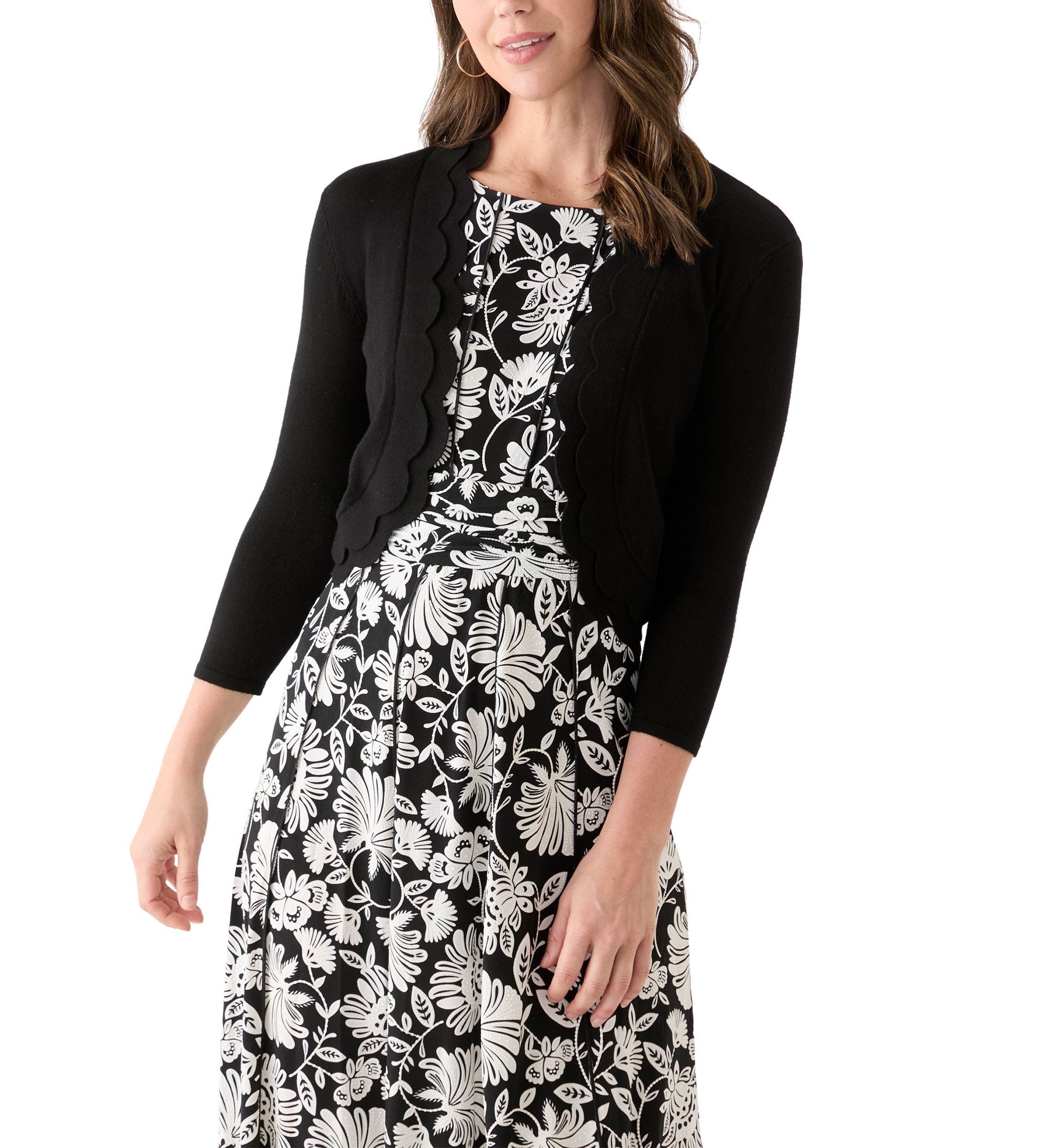 Womens 3/4 Sleeve Scalloped Edge Shrug