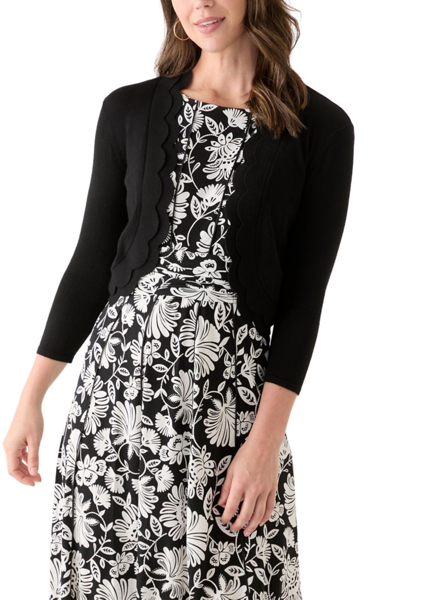 Womens 3/4 Sleeve Scalloped Edge Shrug