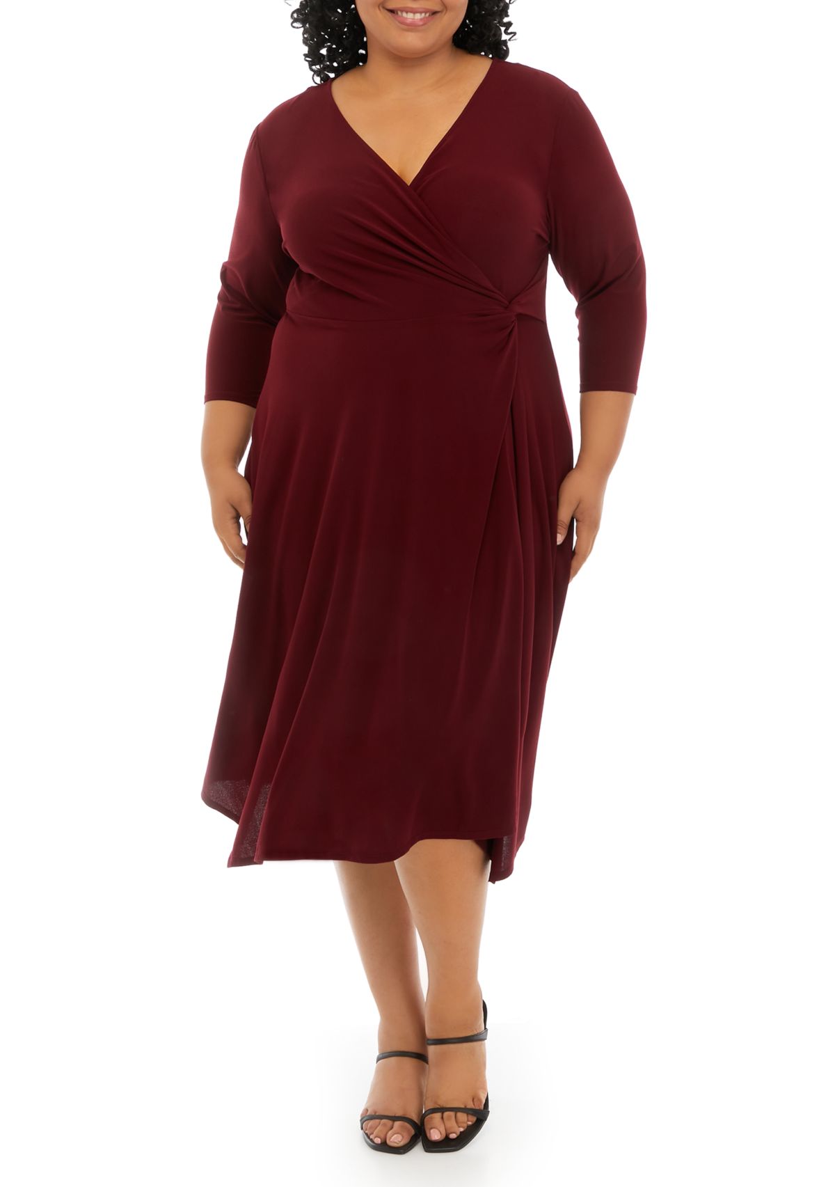 Plus Size 3/4 Sleeve Solid Wrap Waist Fit and Flare Dress