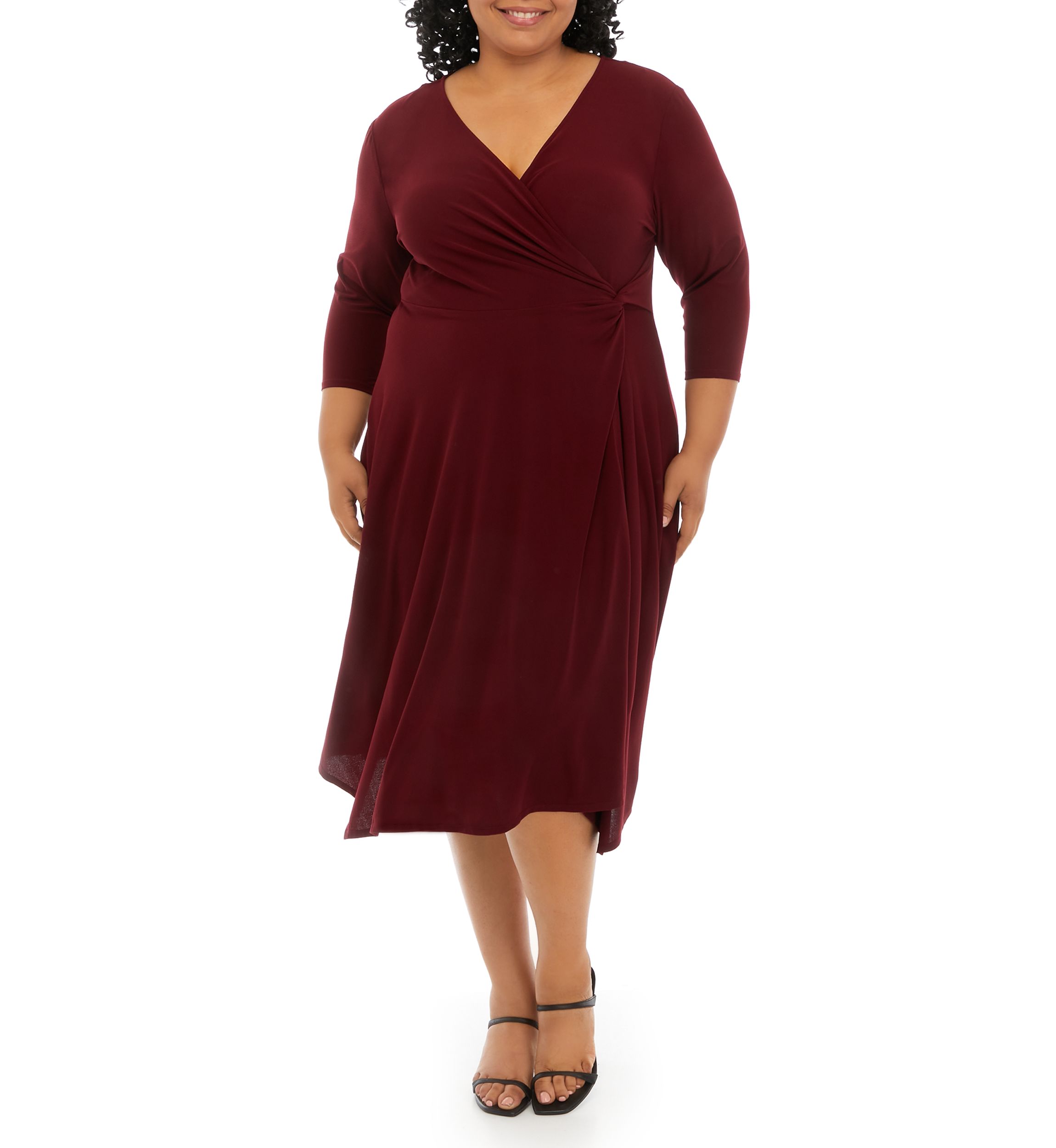 Plus Size 3/4 Sleeve Solid Wrap Waist Fit and Flare Dress