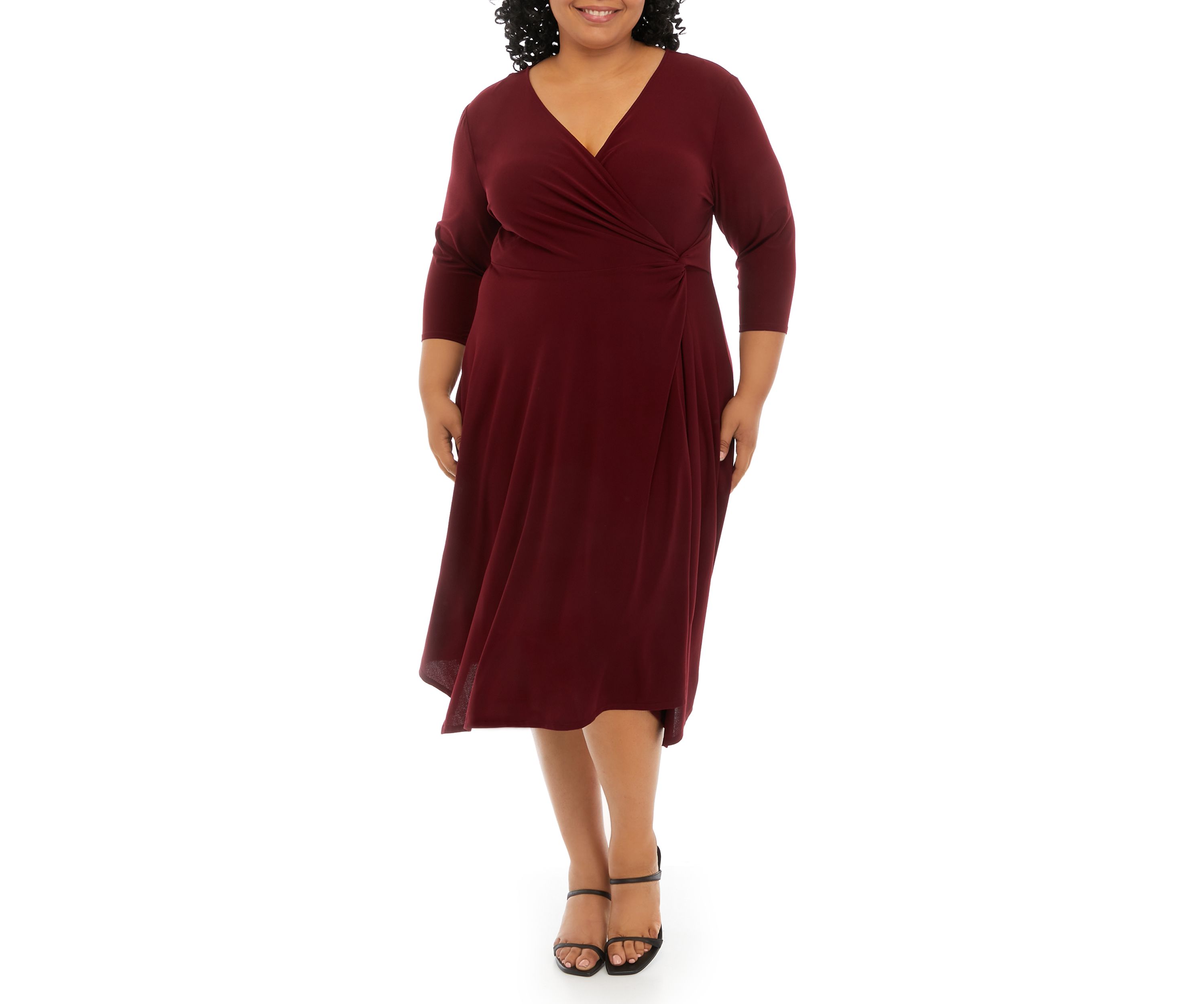 Plus Size 3/4 Sleeve Solid Wrap Waist Fit and Flare Dress