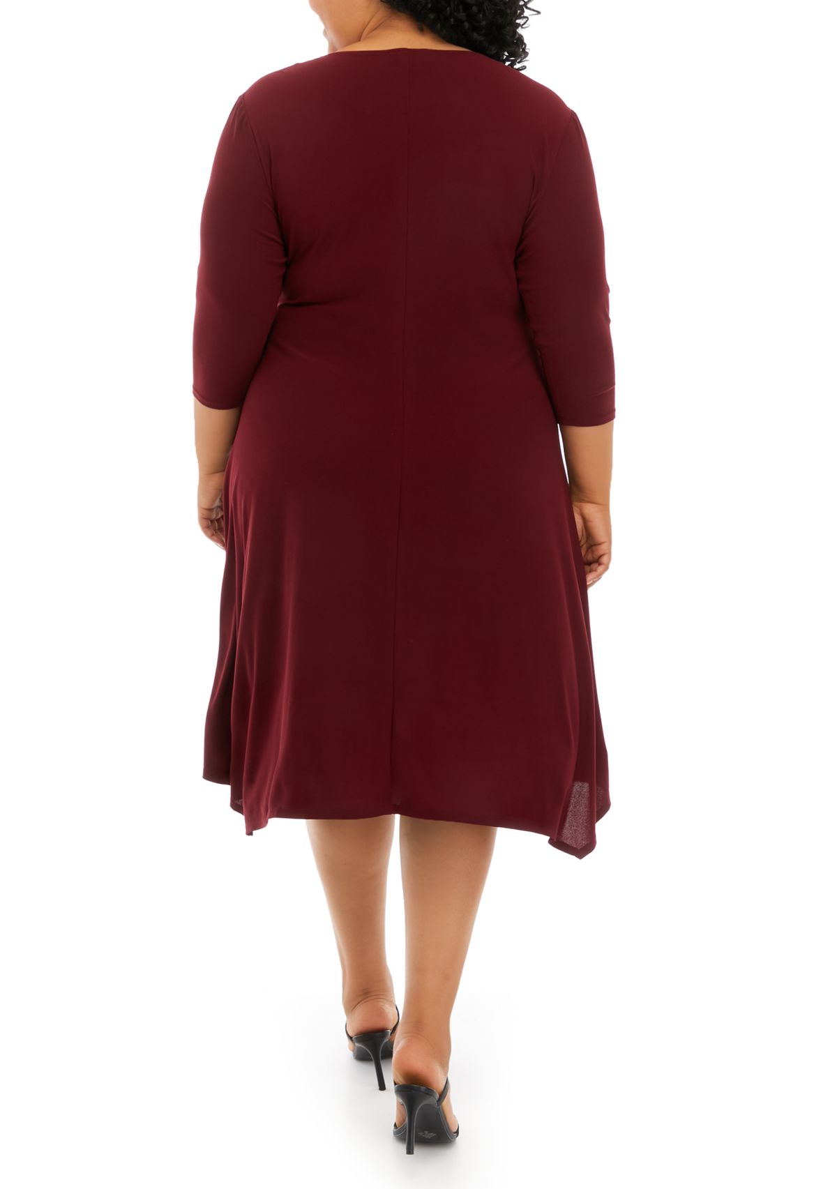 Plus Size 3/4 Sleeve Solid Wrap Waist Fit and Flare Dress