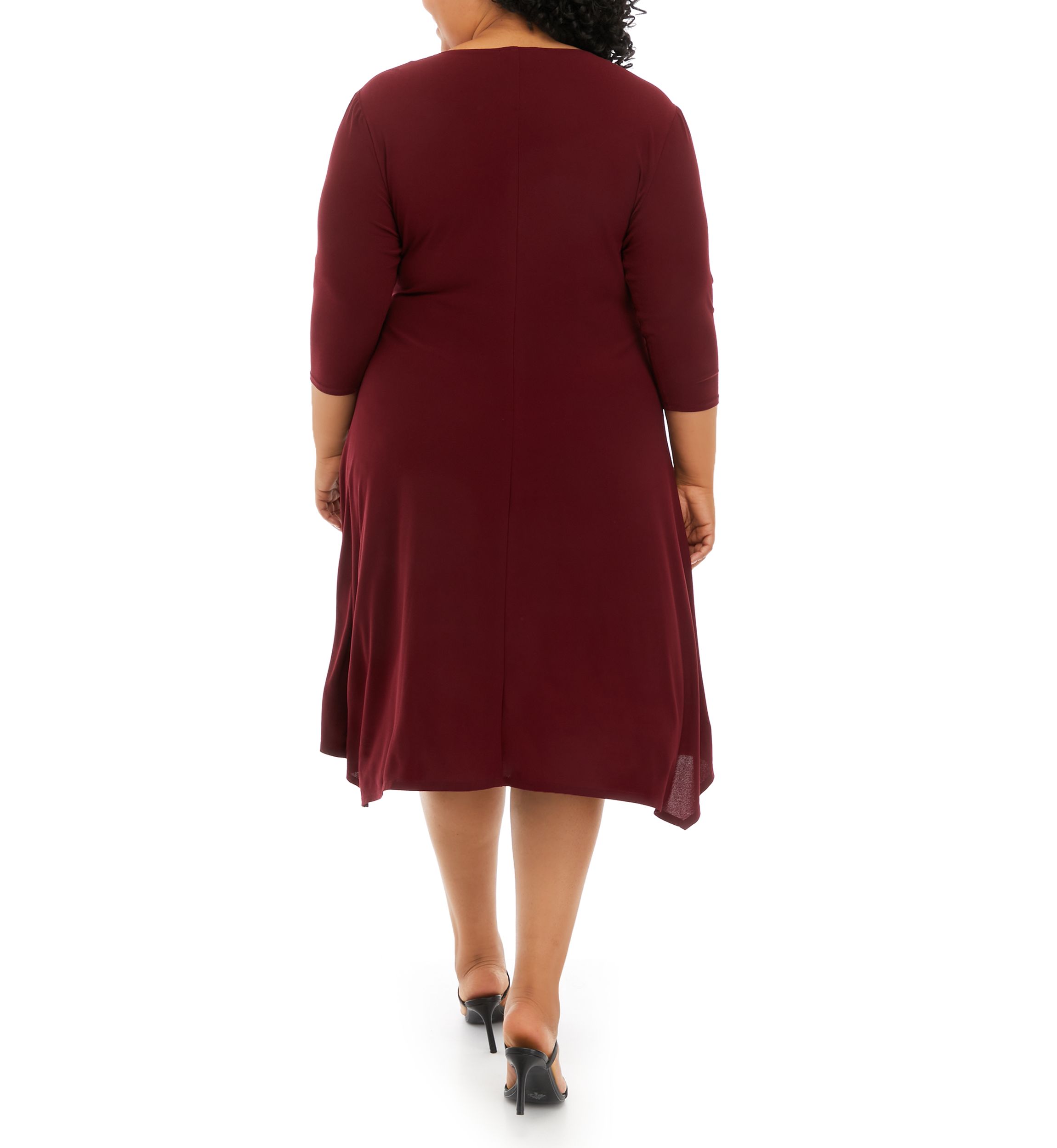 Plus Size 3/4 Sleeve Solid Wrap Waist Fit and Flare Dress