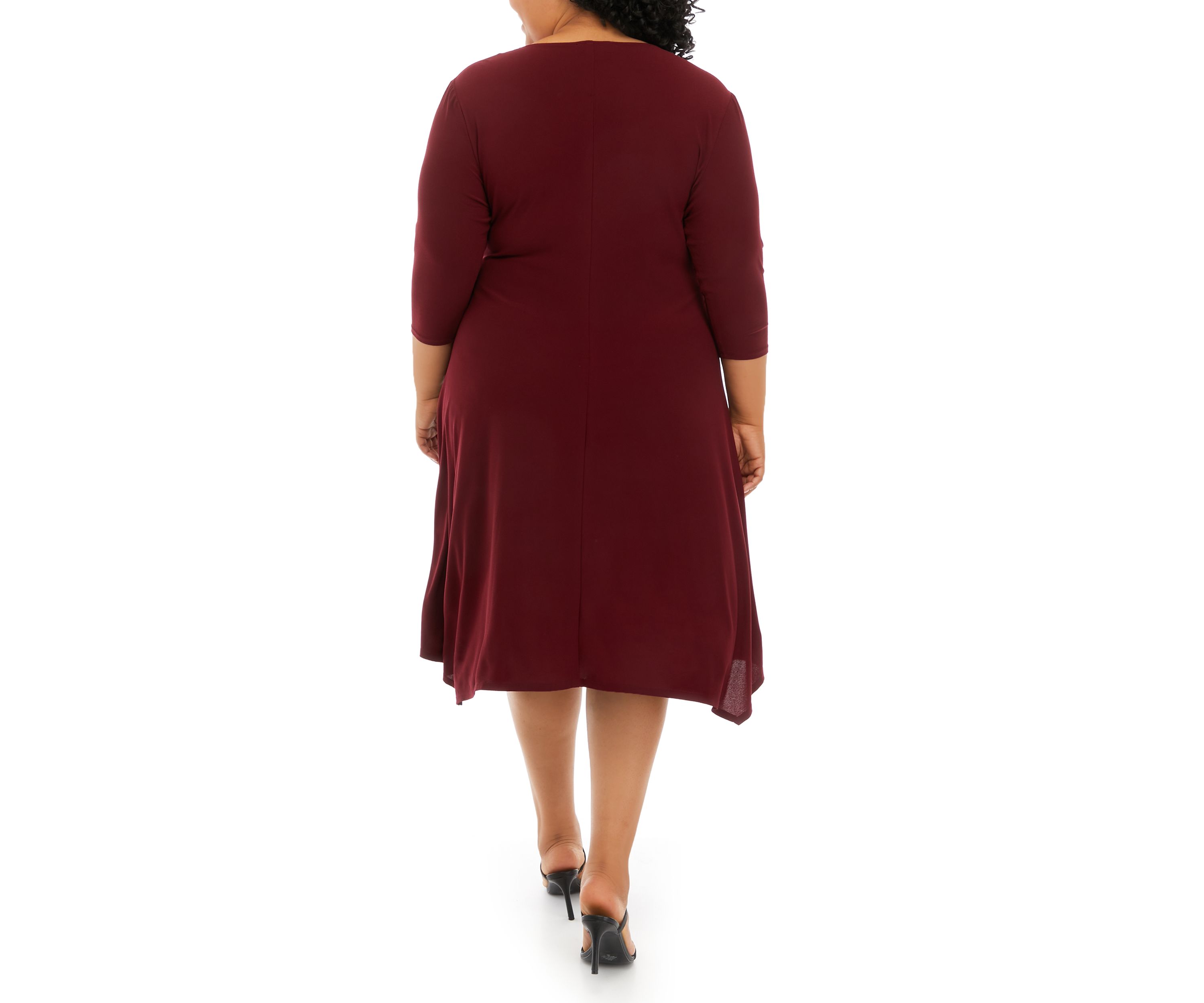 Plus Size 3/4 Sleeve Solid Wrap Waist Fit and Flare Dress