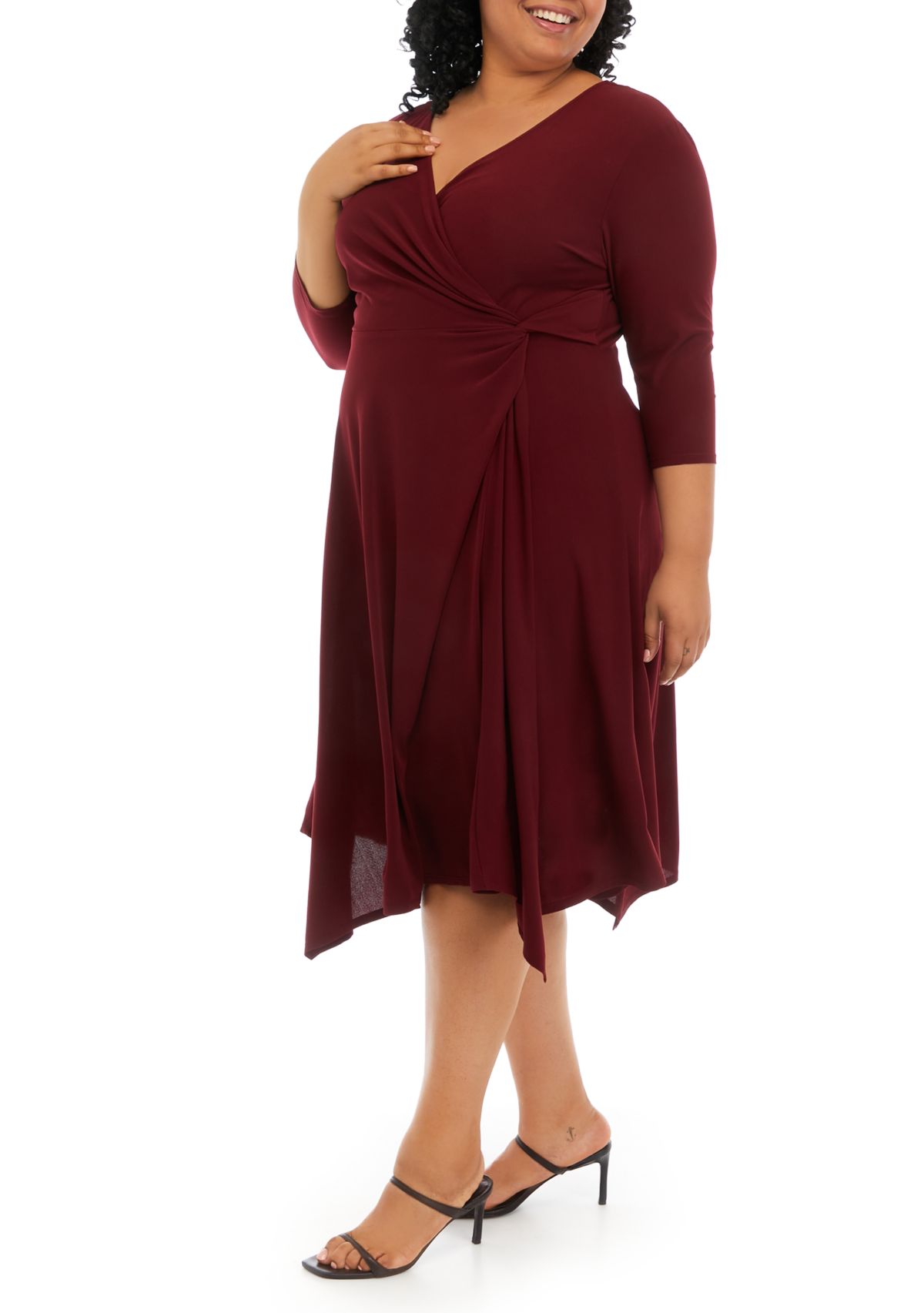 Plus Size 3/4 Sleeve Solid Wrap Waist Fit and Flare Dress