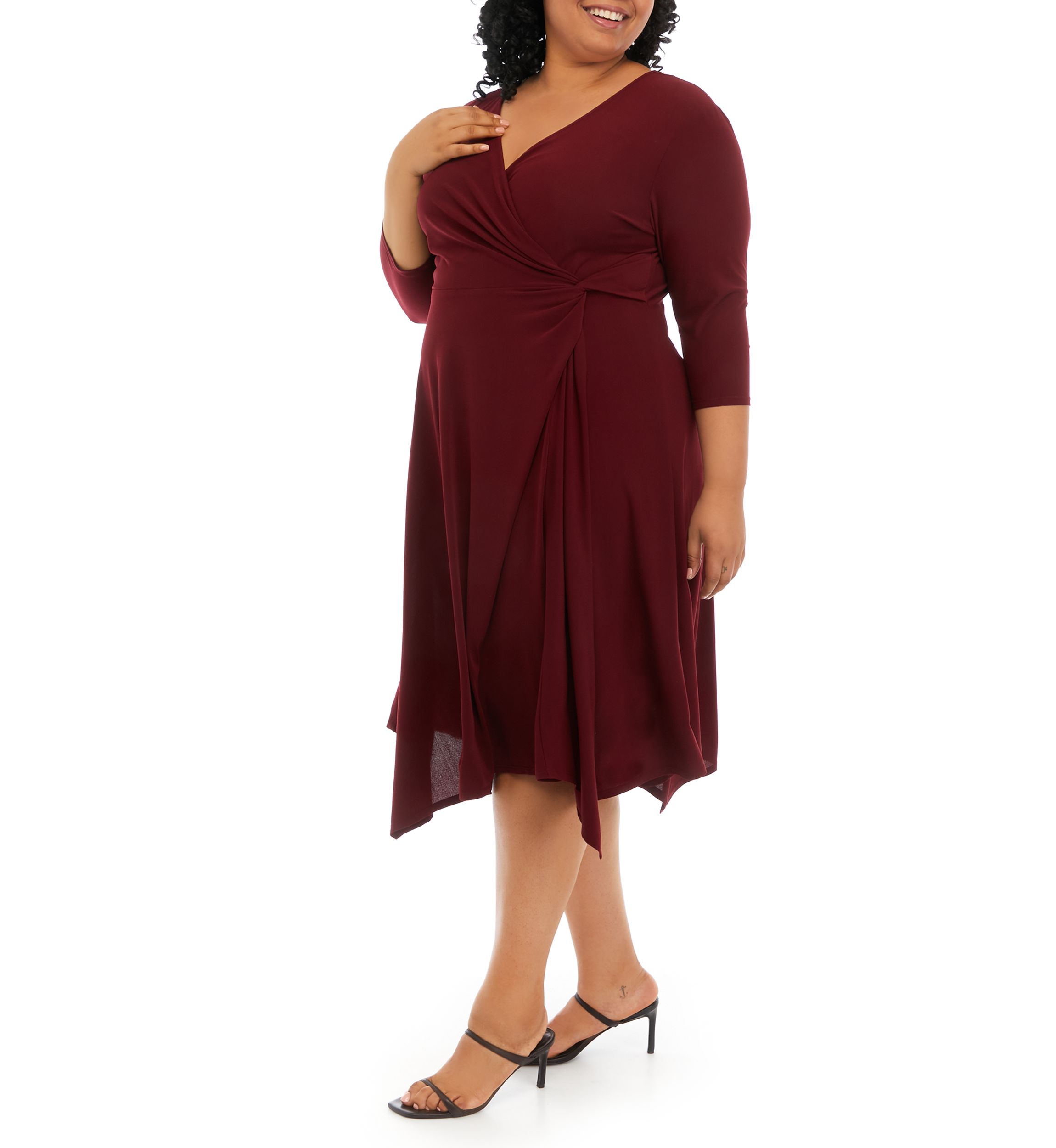 Plus Size 3/4 Sleeve Solid Wrap Waist Fit and Flare Dress